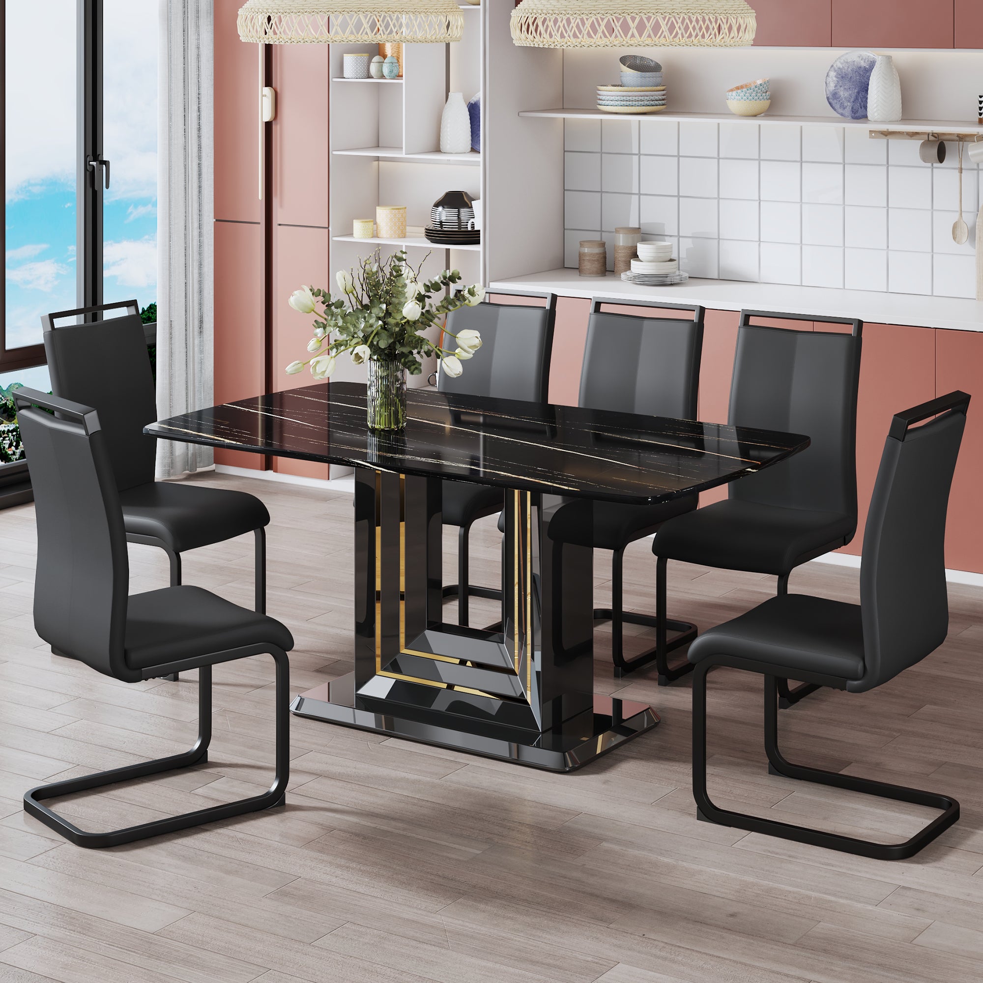 Modern Dining Table with Gold Lines and Black Base