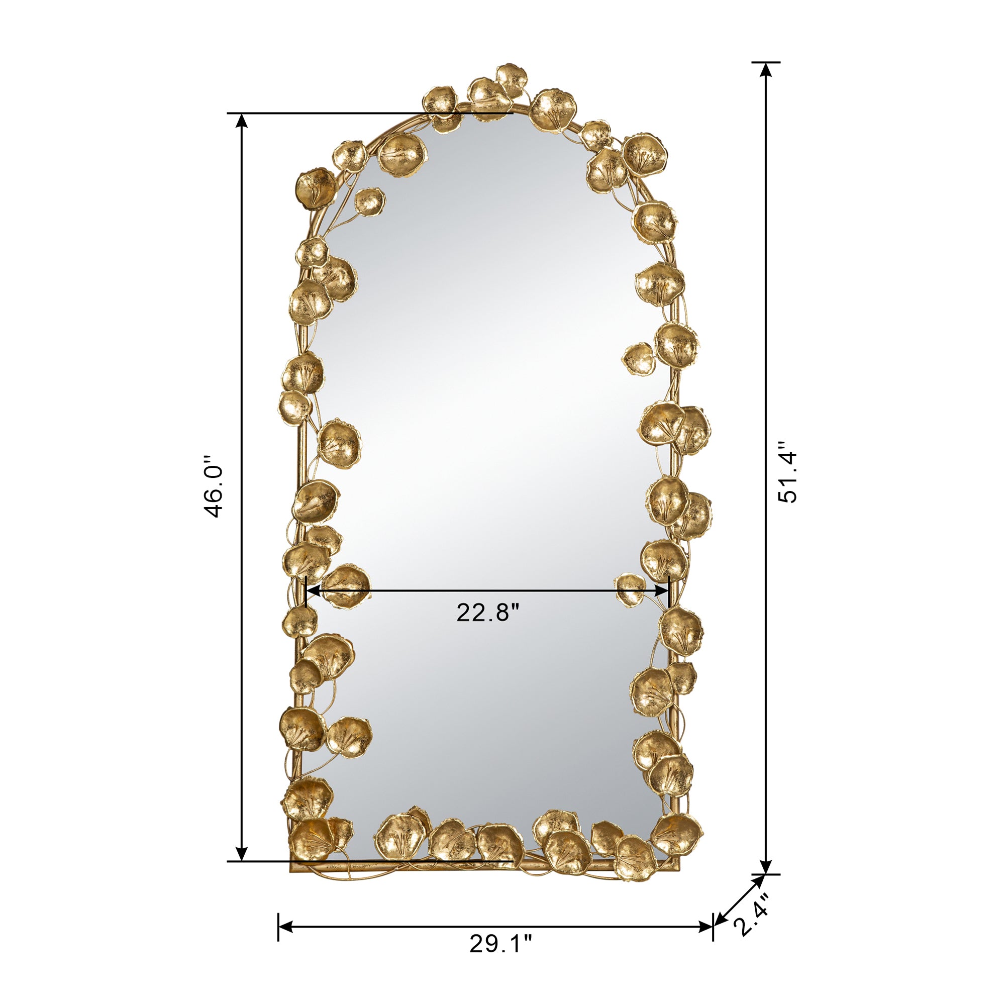 Full Length Arched Wall Mirror with Golden Leaf Accents 51x29"