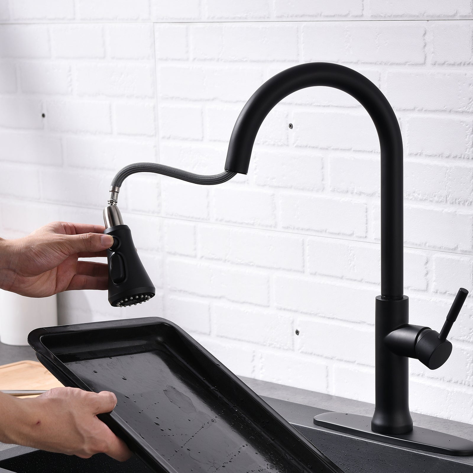 FLG Touch-On Kitchen Faucet with Pull Down Sprayer Single Handle Brass Touch Activated Kitchen Sink Faucet with 2-Way Pull Out Sprayer - Matte Black