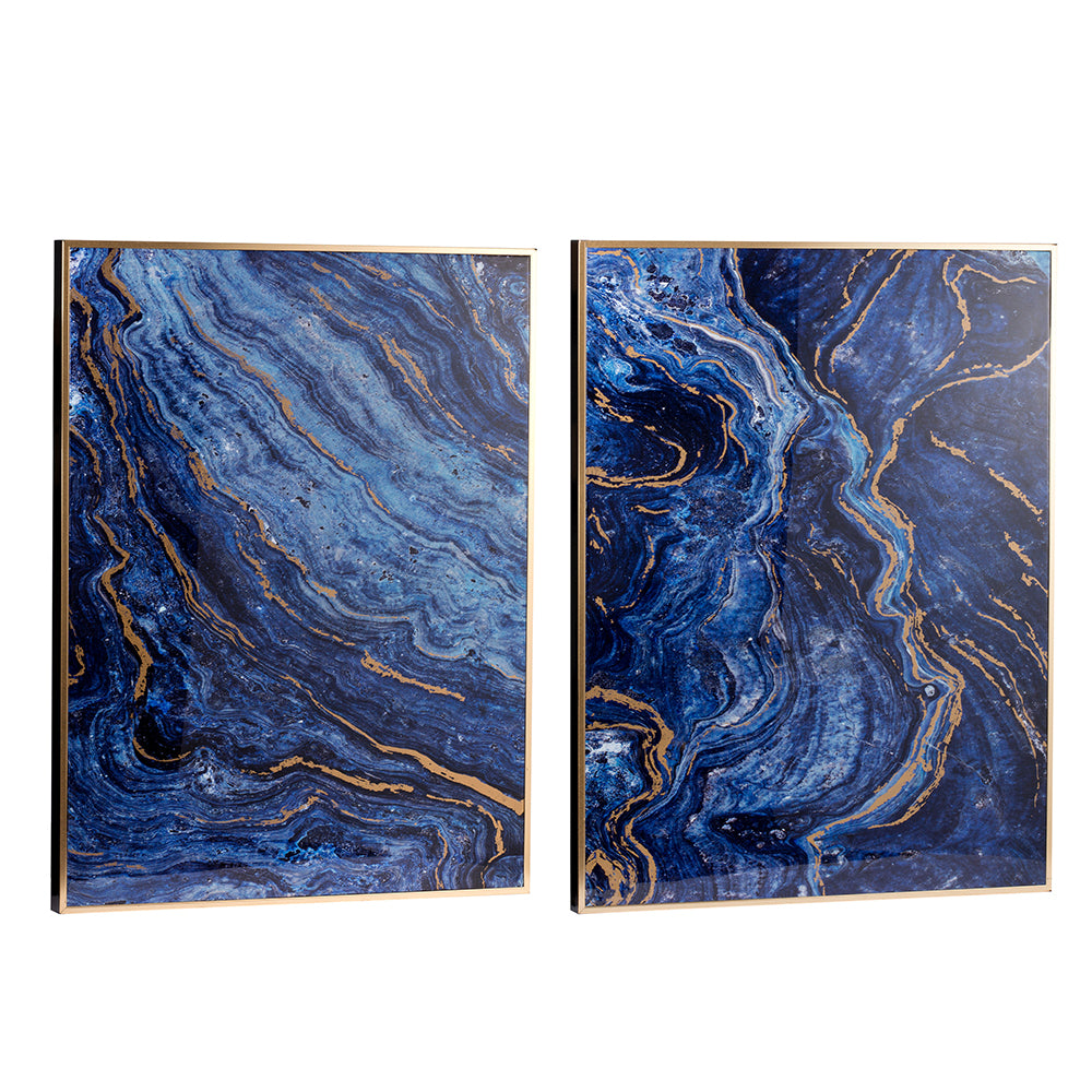 Set of 2 Blue and Gold Framed Art Panels, Unique Marbled Design, 30.5"x40"