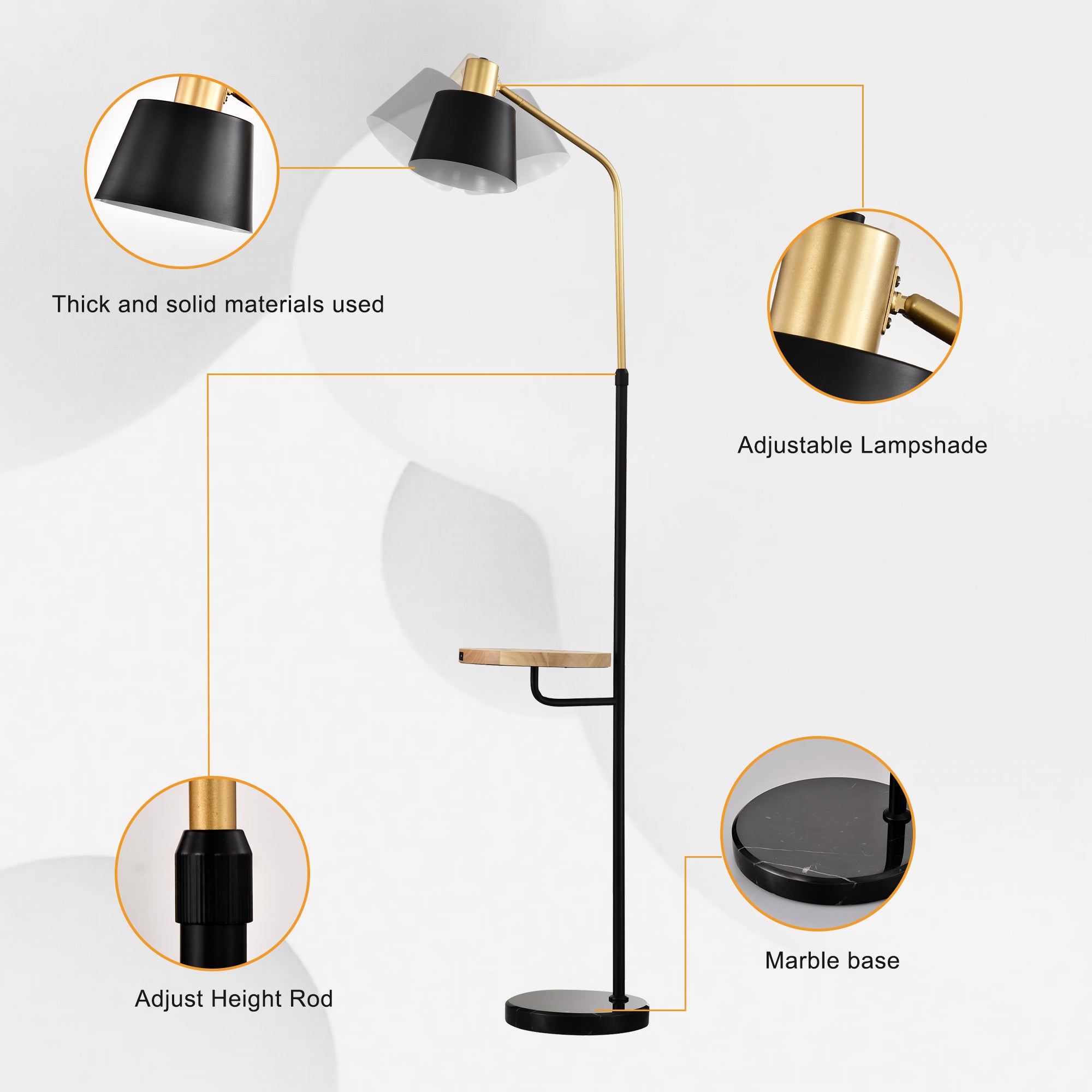 Real Marble Floor Lamp with Wood Bedside Nightstand End Table and Built-in USB Charging Port - Matte Gold + Matte Black