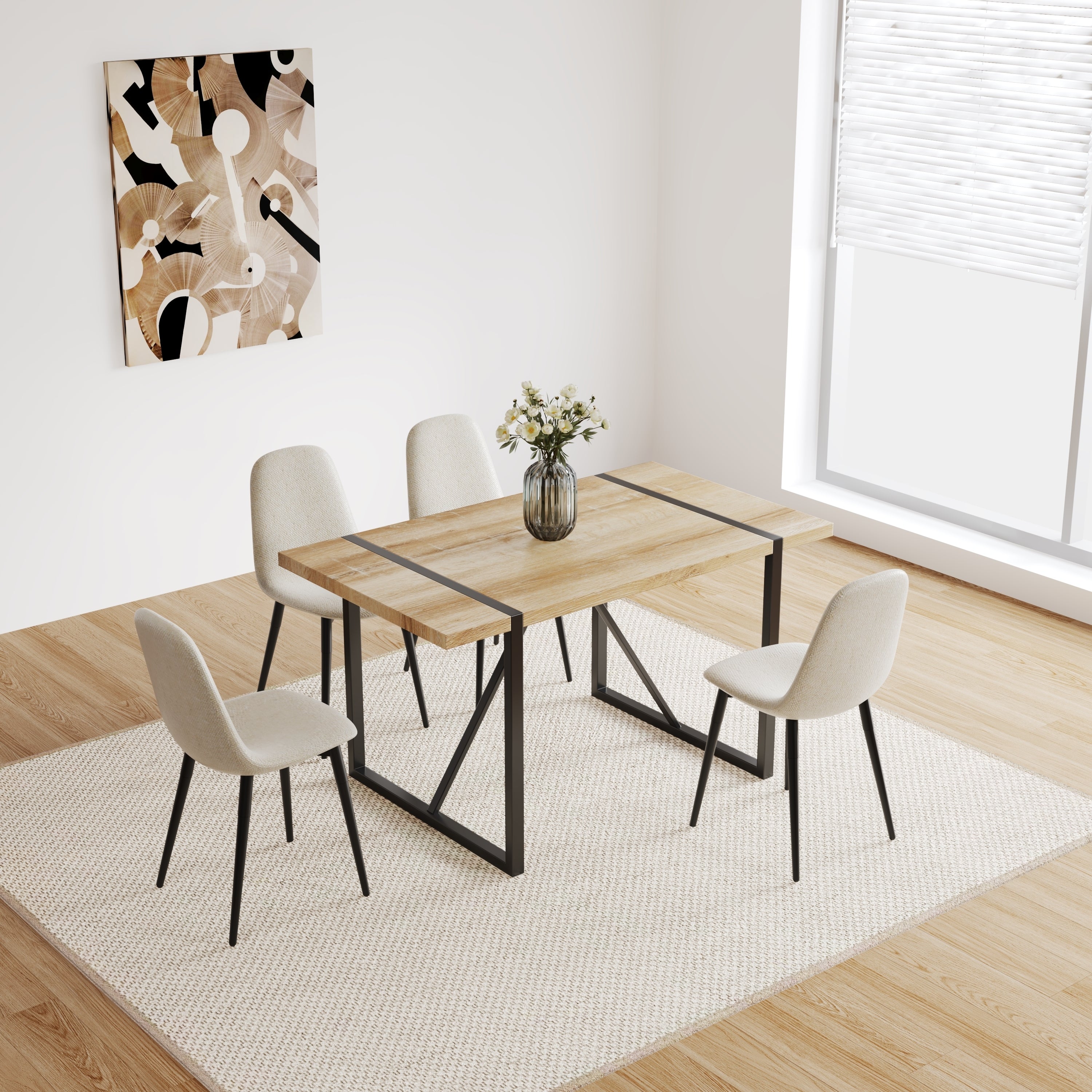 Set of 4 Modern Kitchen Dining Room Chairs, Cushion Seat and Sturdy Black Metal Legs - Beige