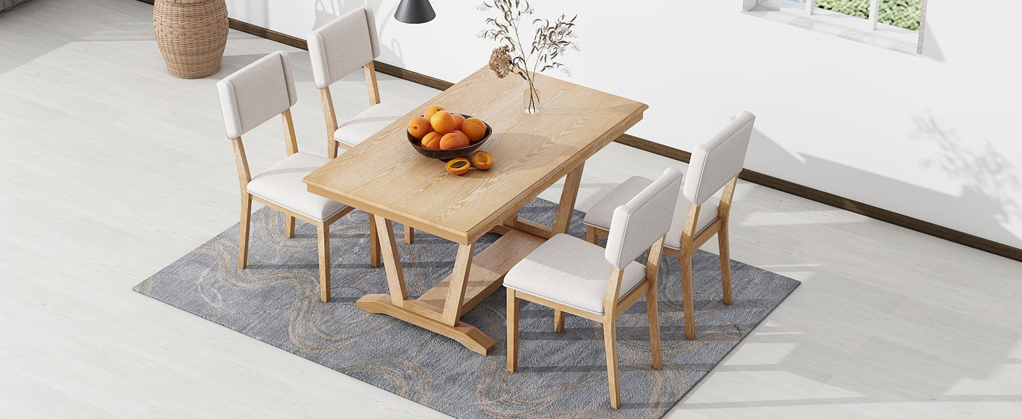 Rustic 5-piece Dining Table Set with 4 Upholstered Chairs - Natural