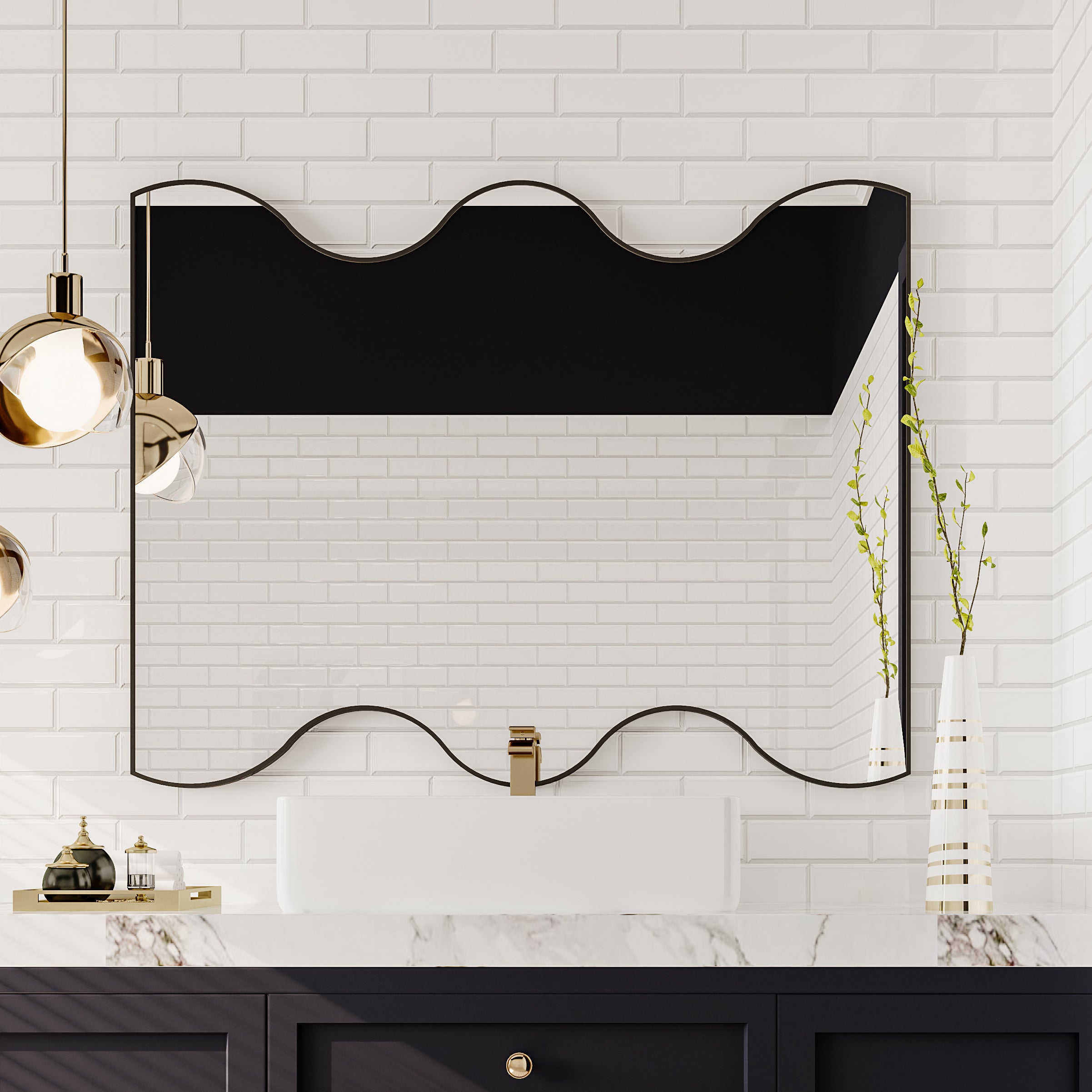 Wall Mirror 30x35 Inch Black Rectangular Mirror with 2 Wavy Sides Metal Framed Mirror