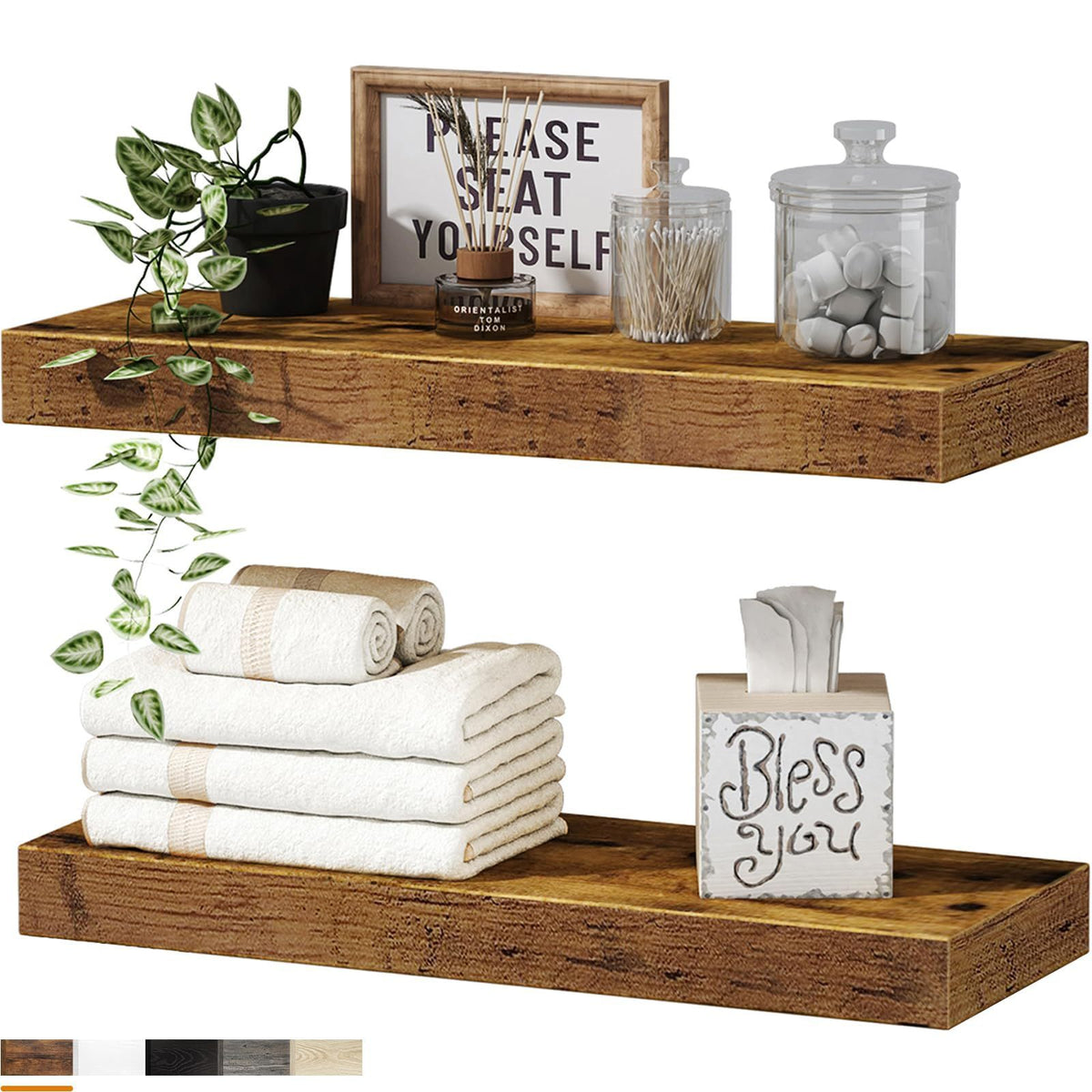 Bathroom Shelves Floating Shelves for Wall Shelf Over Toilet Small Wall Mounted Farmhouse Decor 16 inch Set of 2, Rustic Brown