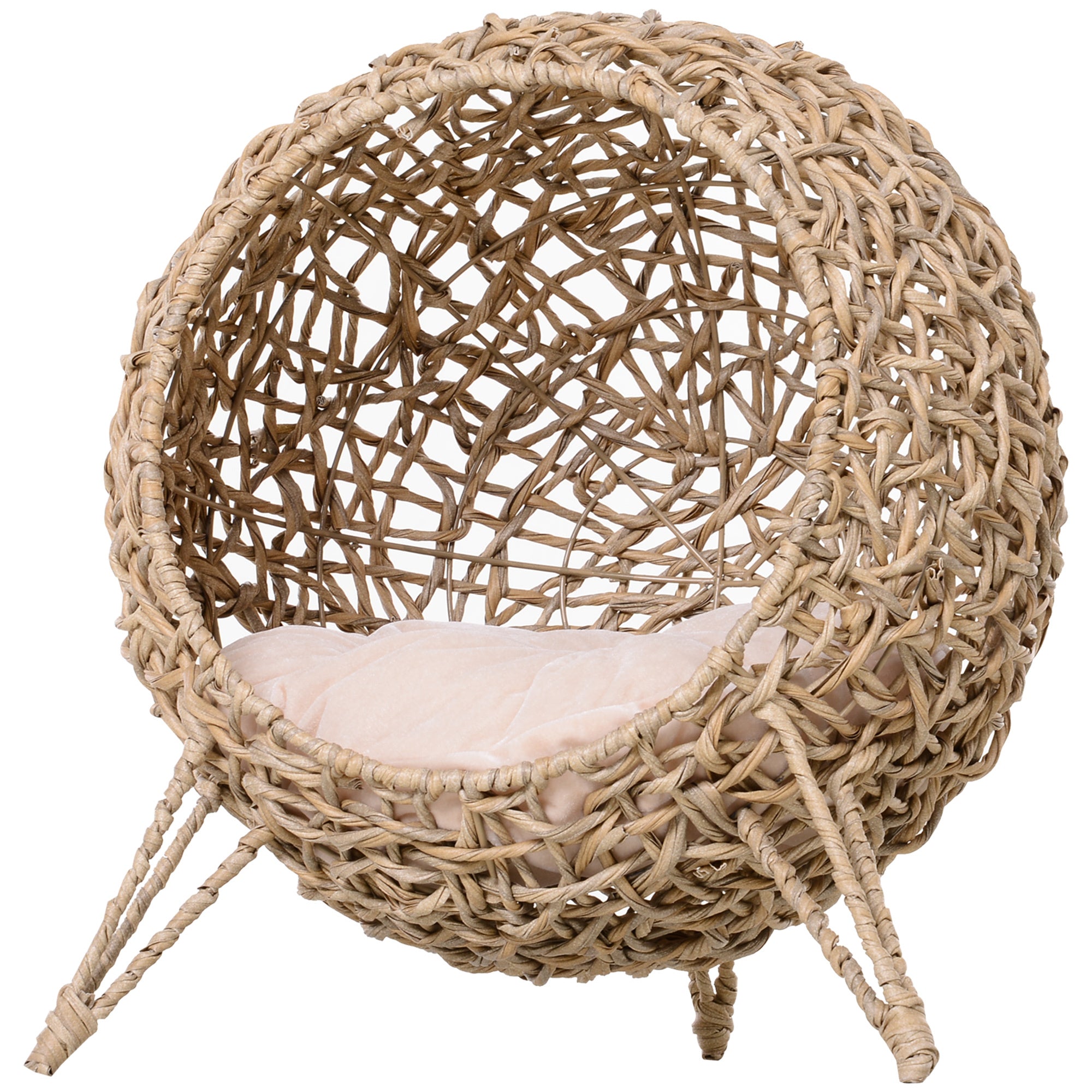 PawHut 20.5" Weaved Cat Bed, Elevated Hand-woven Braided Banana Leaf Kitten House Condo with Cushion - Beige