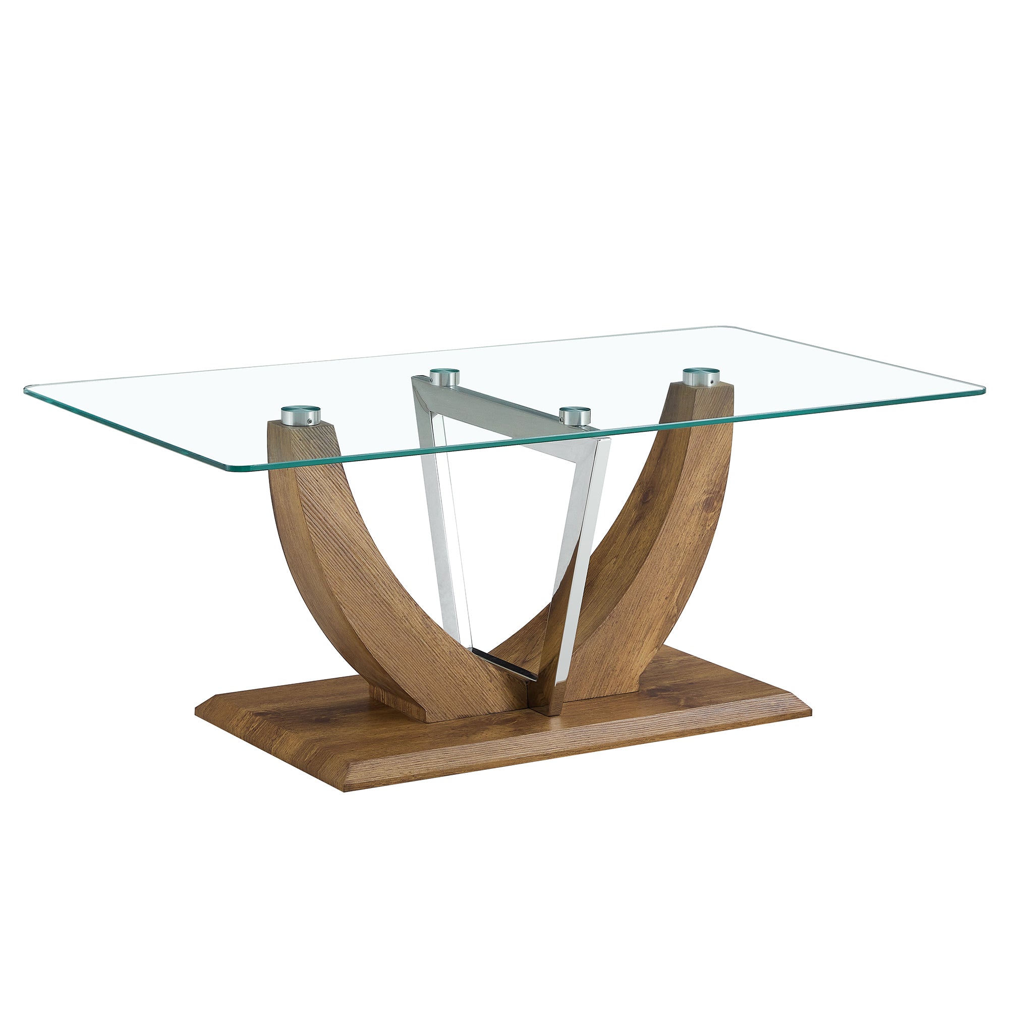 Modern Minimalist Transparent Tempered Glass Coffee Table with Wooden MDF legs and Stainless Steel Decorative Columns