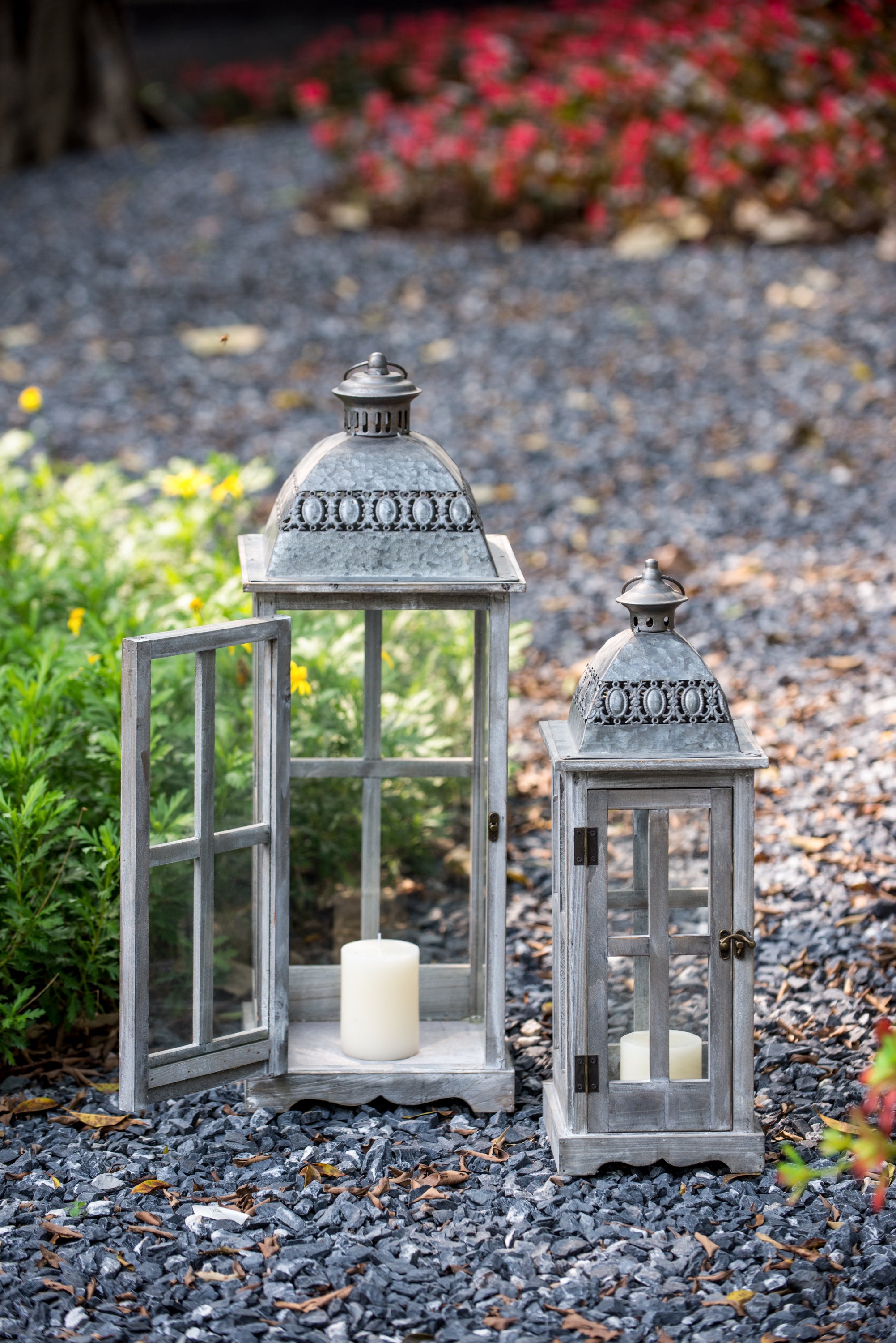 Wooden Candle Lantern Decorative (Set of 2) - Grey