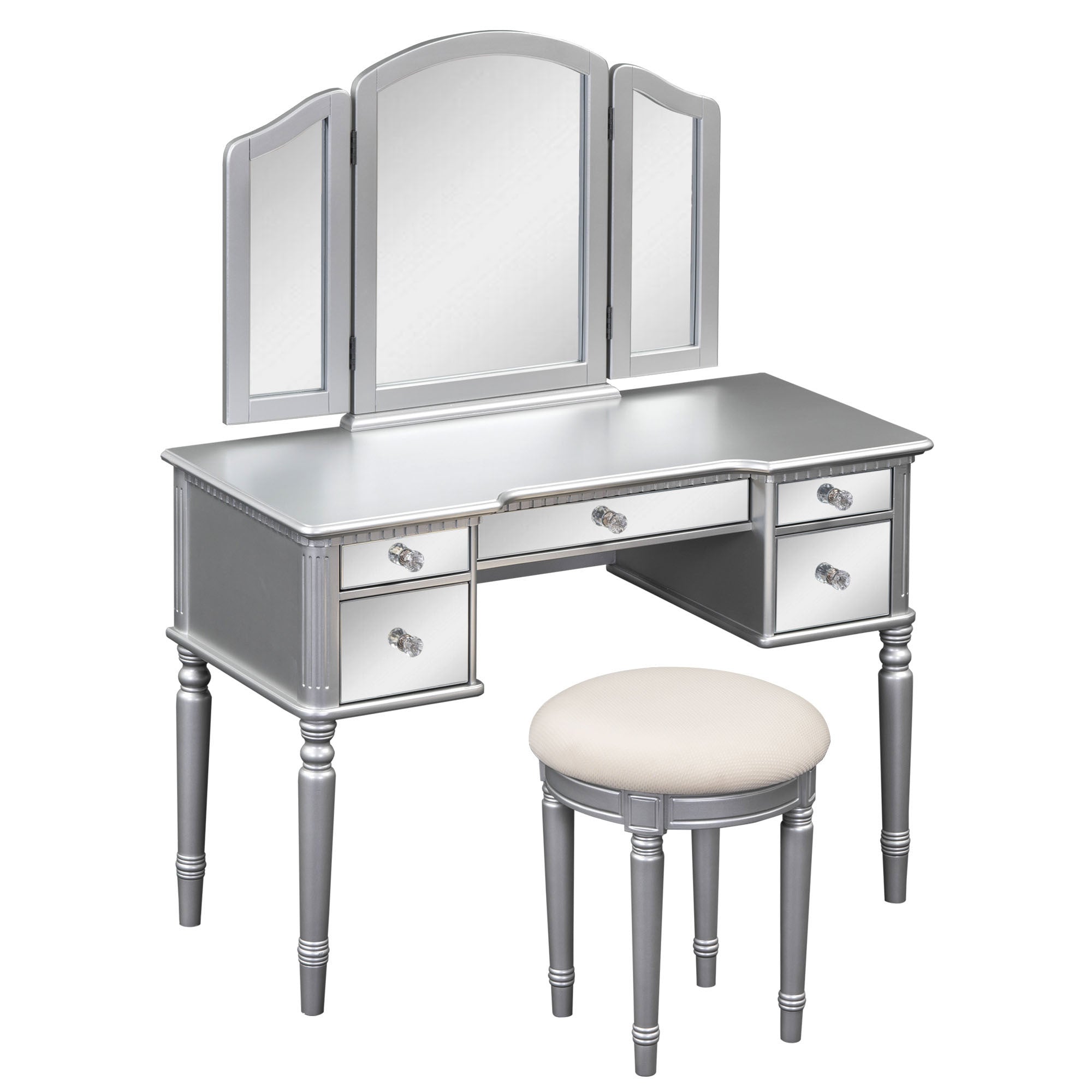 43" Makeup Vanity Set With Mirrored Drawers And Stool - Silver