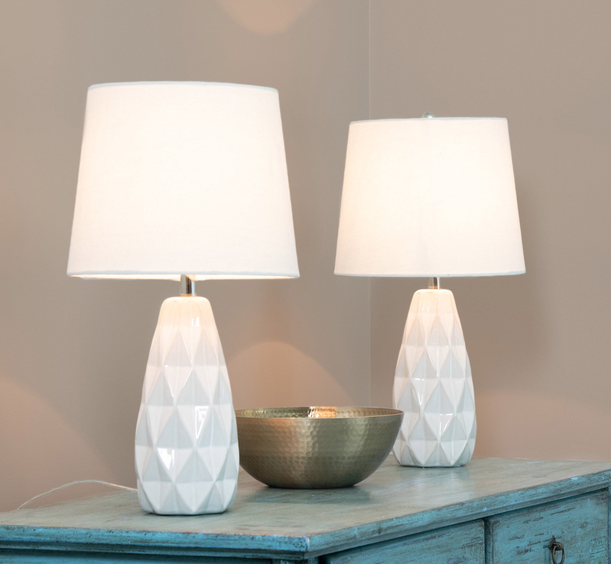 20" Contemporary Ceramic Accent Lamp in Off White Ceramic, Polished Nickel and Off-White Linen Shade  - Set of 2