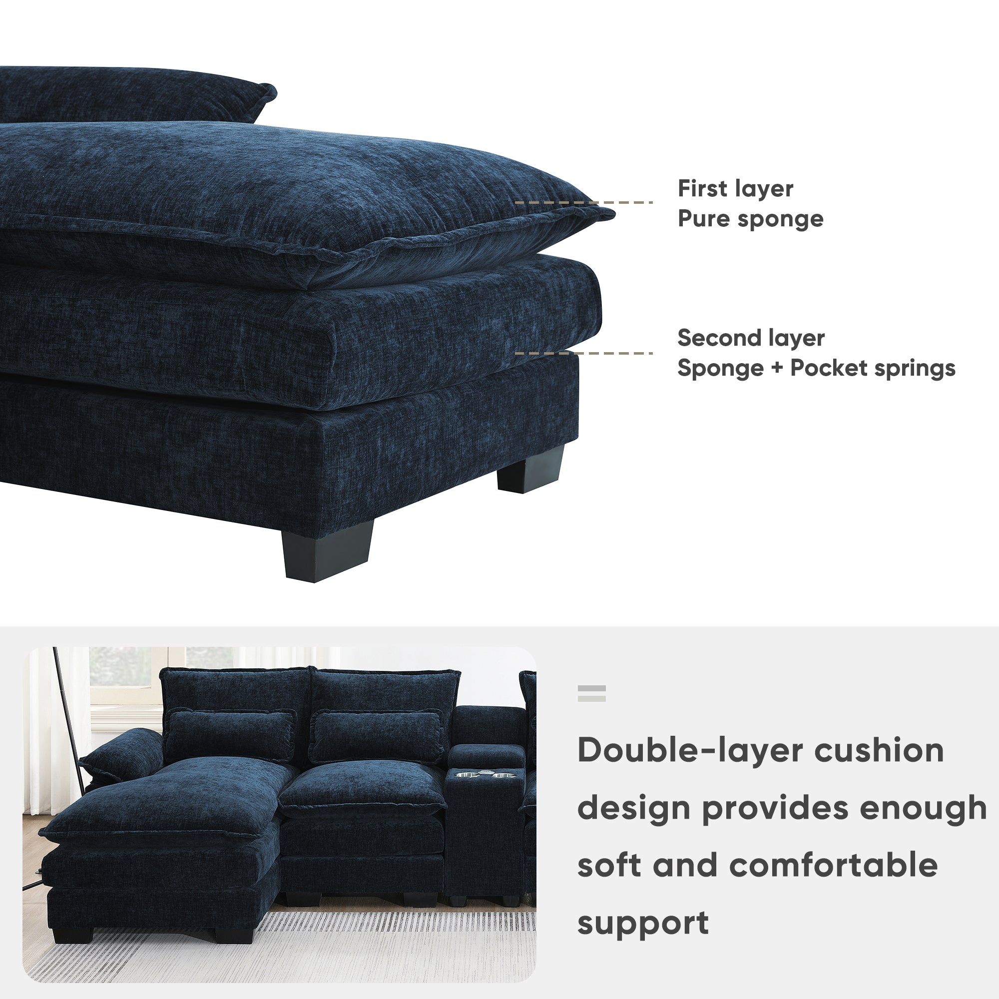 Modern Blue U-shaped Sofa with Cupholders and USB Ports, 6-seat Upholstered Symmetrical Indoor Furniture