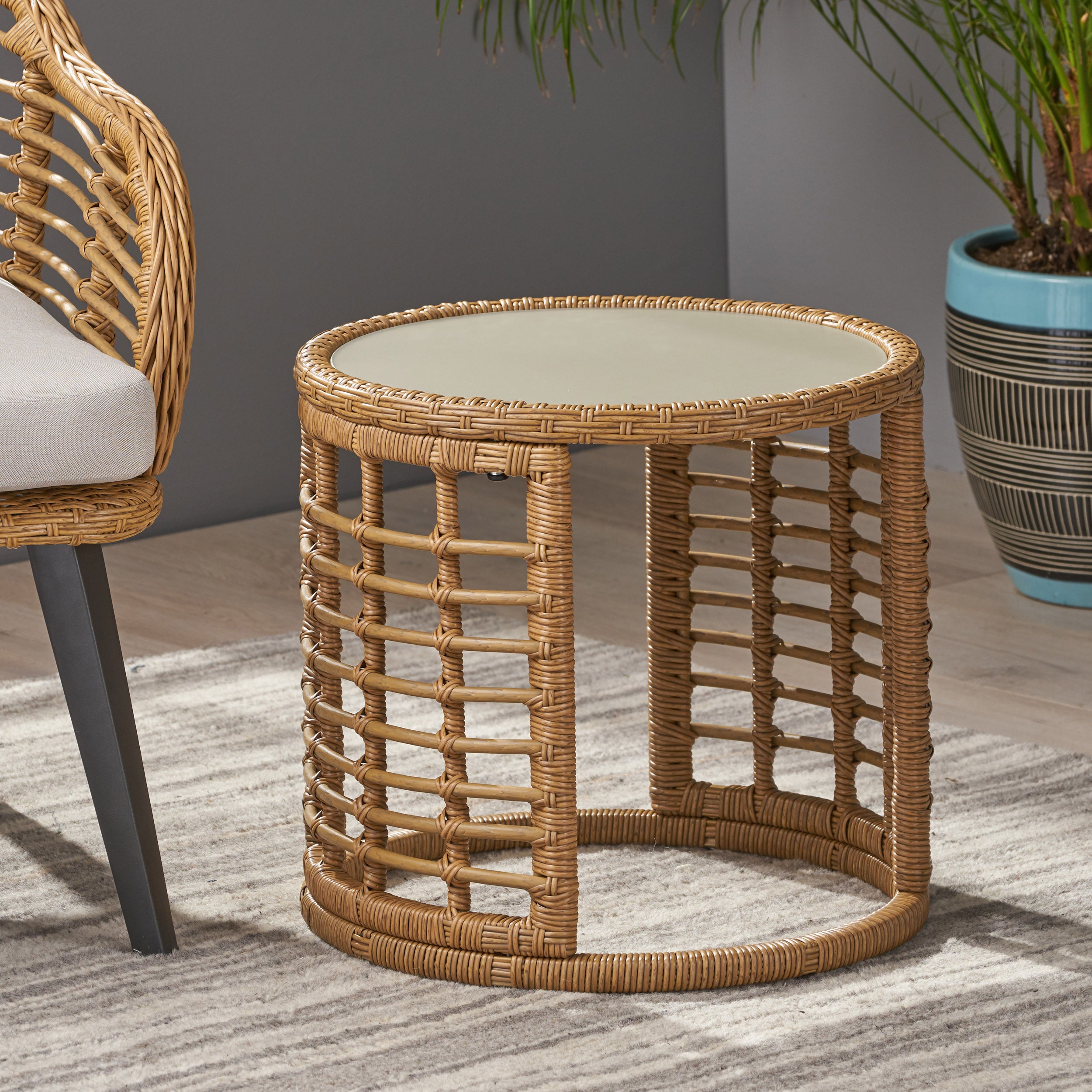 Modern Boho Rattan Side Table - Light Brown