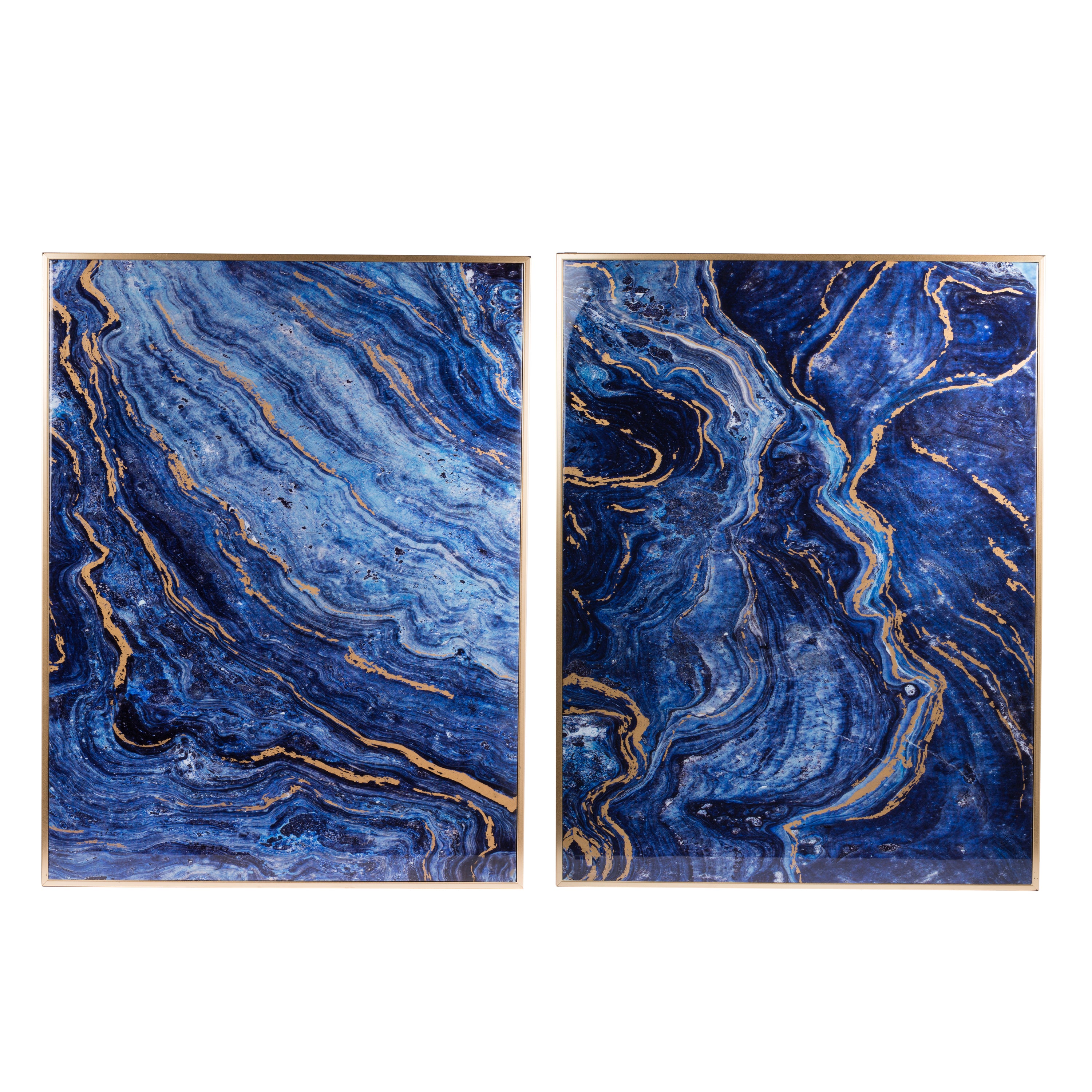 Set of 2 Blue and Gold Framed Art Panels, Unique Marbled Design, 30.5"x40"