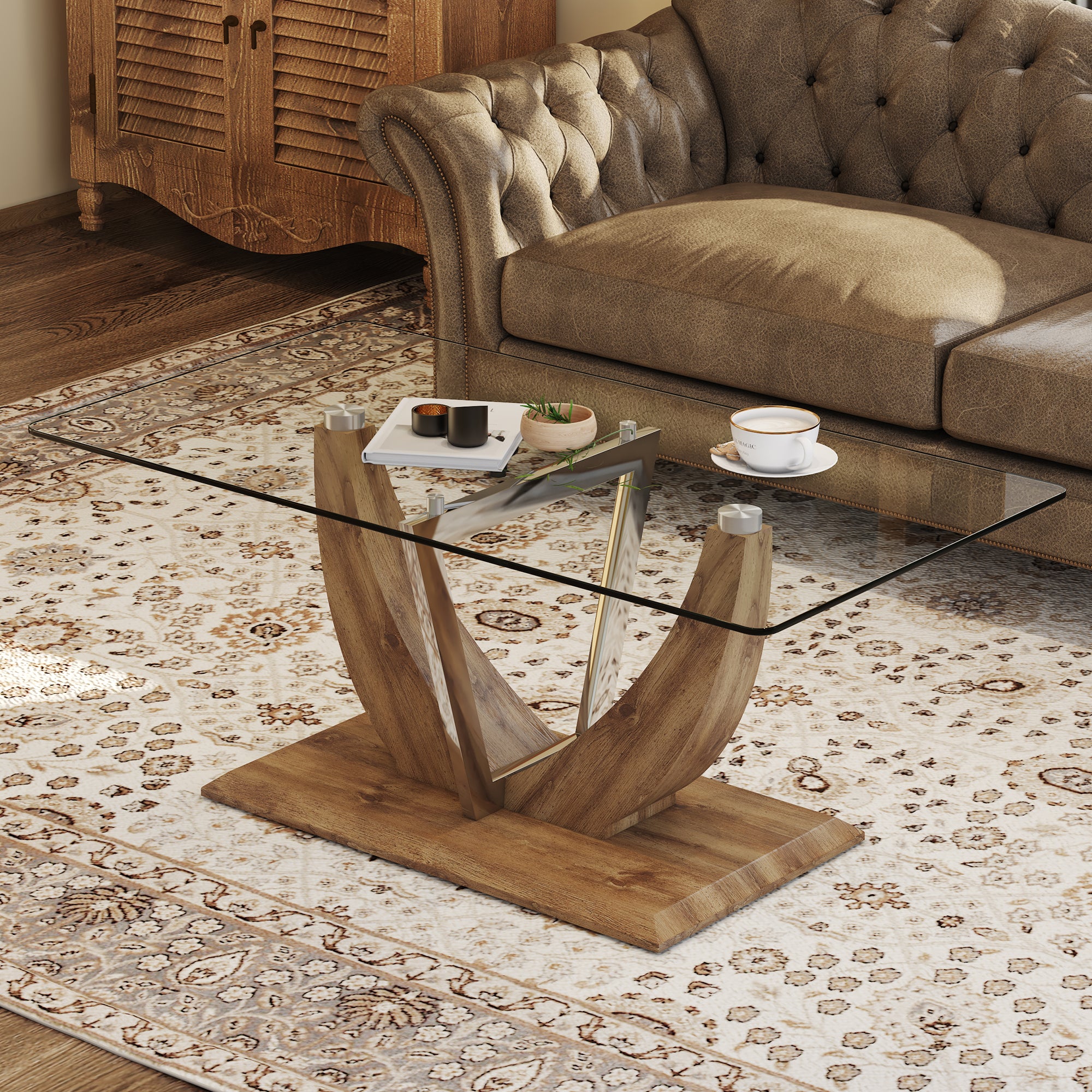 Modern Minimalist Transparent Tempered Glass Coffee Table with Wooden MDF legs and Stainless Steel Decorative Columns