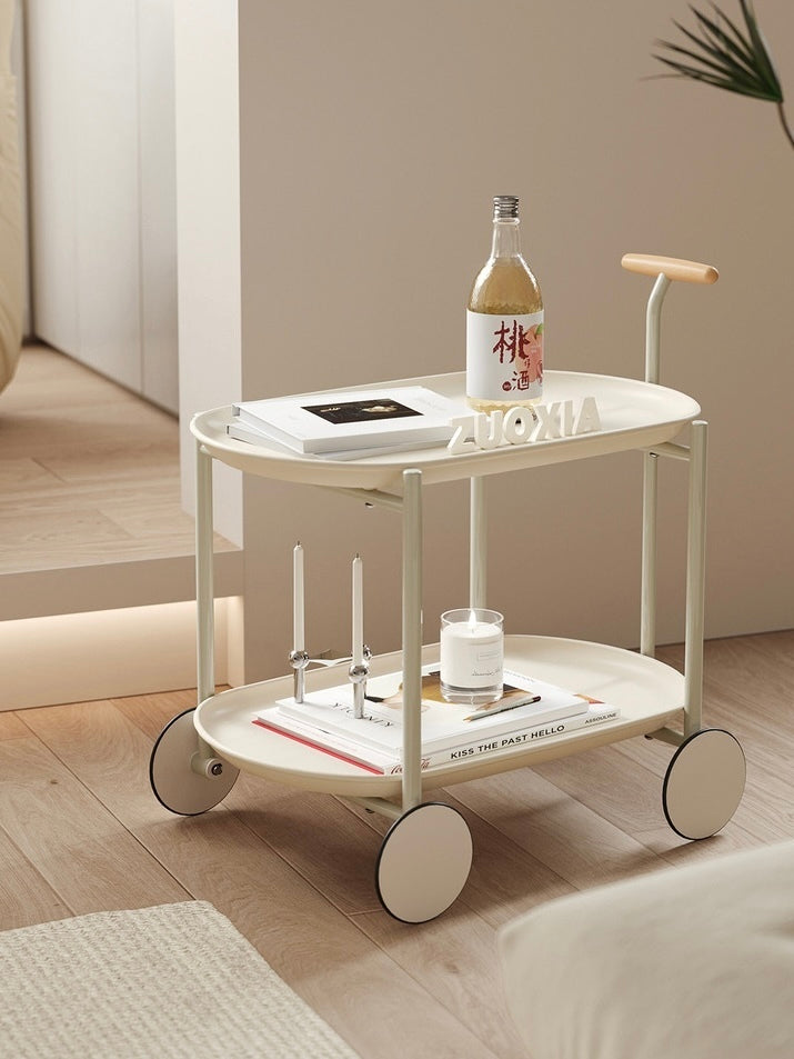 Movable Small Push Cart Minimalist Style Coffee Table Storage Double-layer - Cream