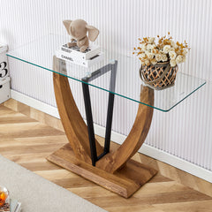 Modern Minimalist Rectangular Glass Table with tempered glass top and MDF wood grain sticker legs