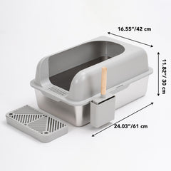 Enclosed Stainless Steel Cat Litter Box with Lid Extra Large, High Wall Sides Enclosure, Non-Sticky, Anti-Leakage, Easy Cleaning - Grey