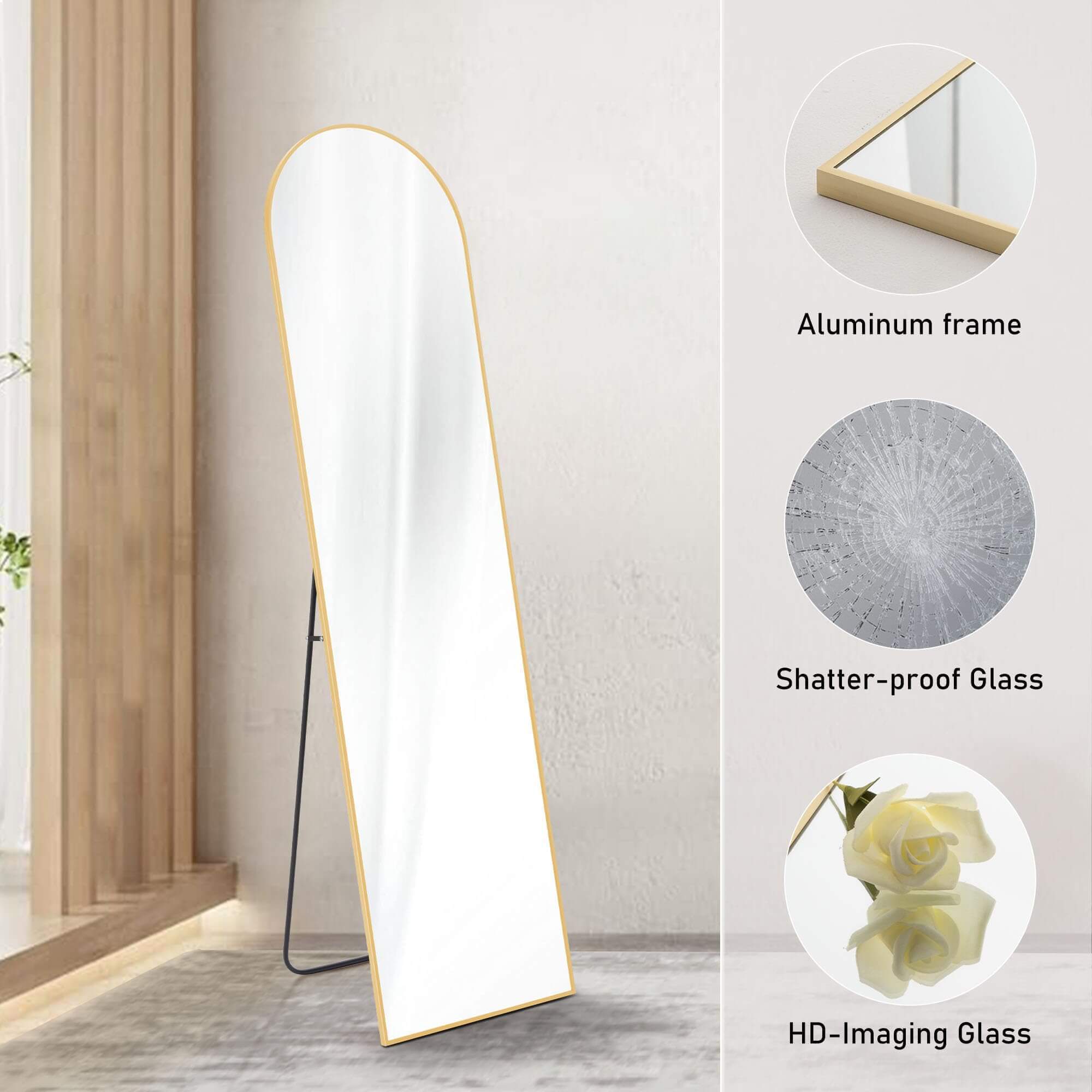 Floor Standing Mirror, Wall Mirror with Stand Aluminum Alloy Thin Frame,30''x71'',Gold-arched