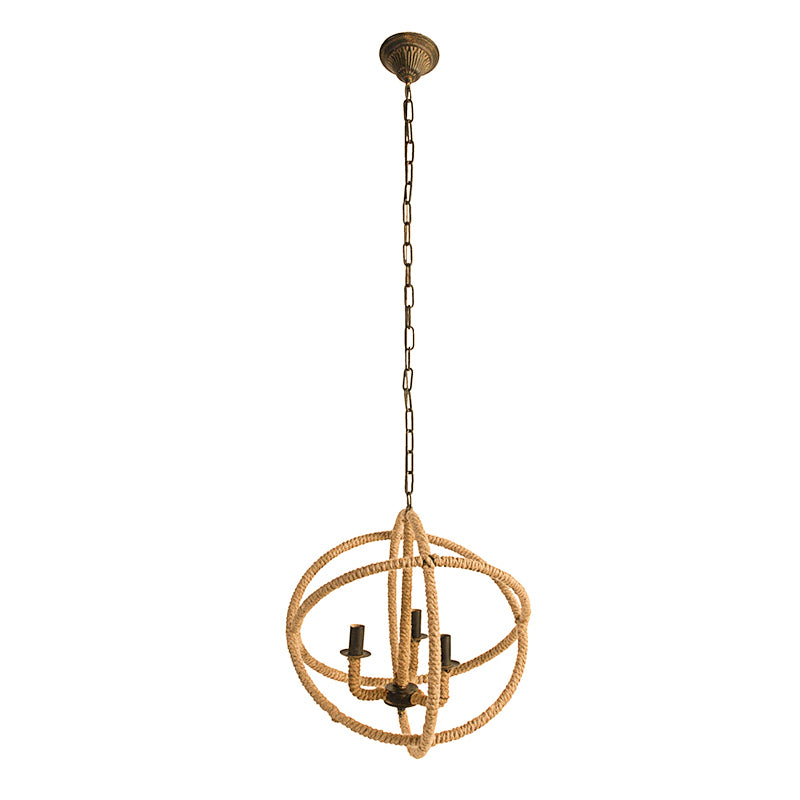 3-Light Farmhouse Chandelier, Rope Chandelier Globe Hanging Light Fixture with with Adjustable Chain