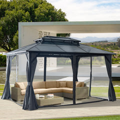 10'x13' Hardtop Gazebo, Outdoor Polycarbonate Double Roof Canopy, Aluminum Frame Permanent Pavilion with Curtains and Netting, Sunshade for Garden, Patio, Lawns