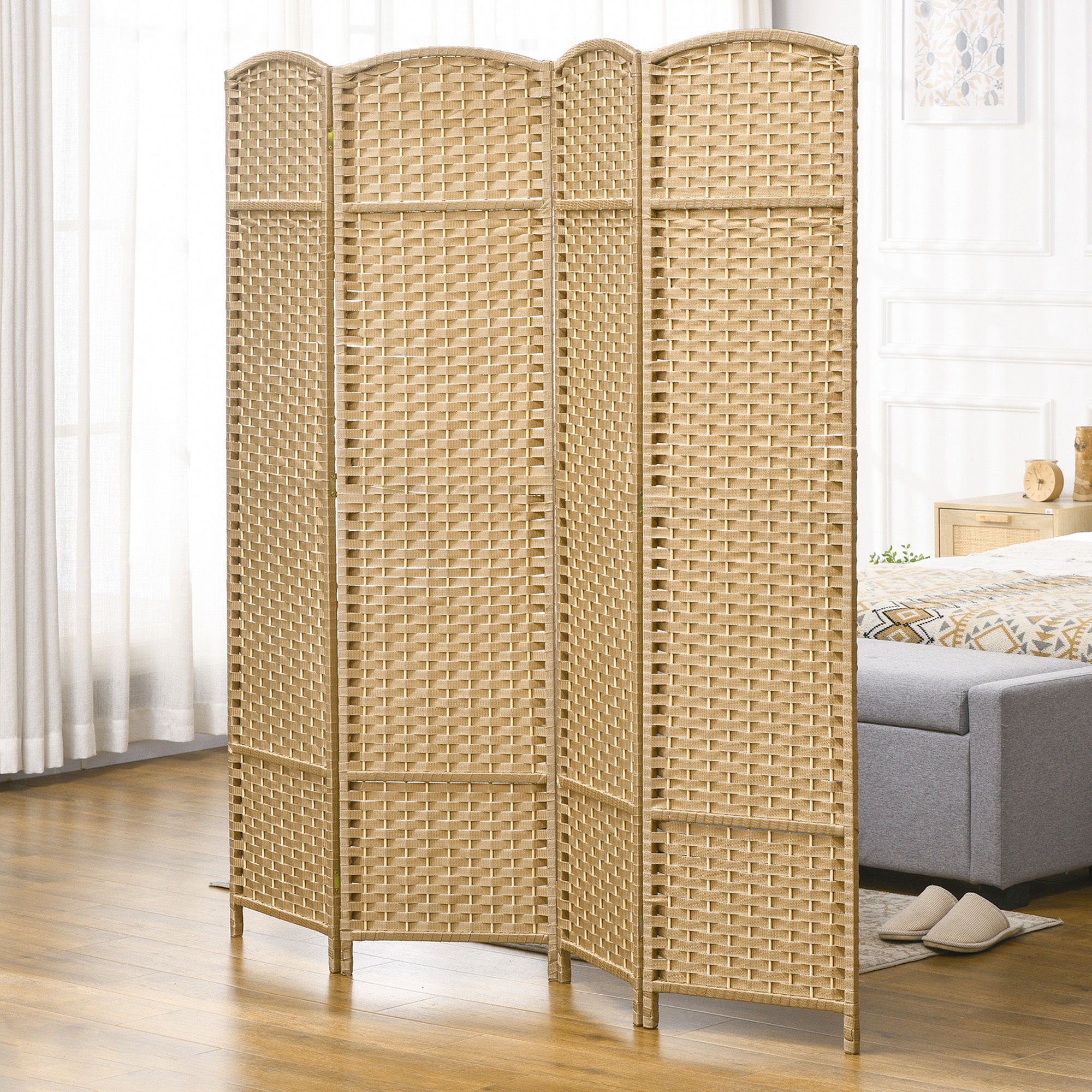 4 Panel Folding Privacy Screen, 5.6' Tall Freestanding Wall Partition - Nature Wood