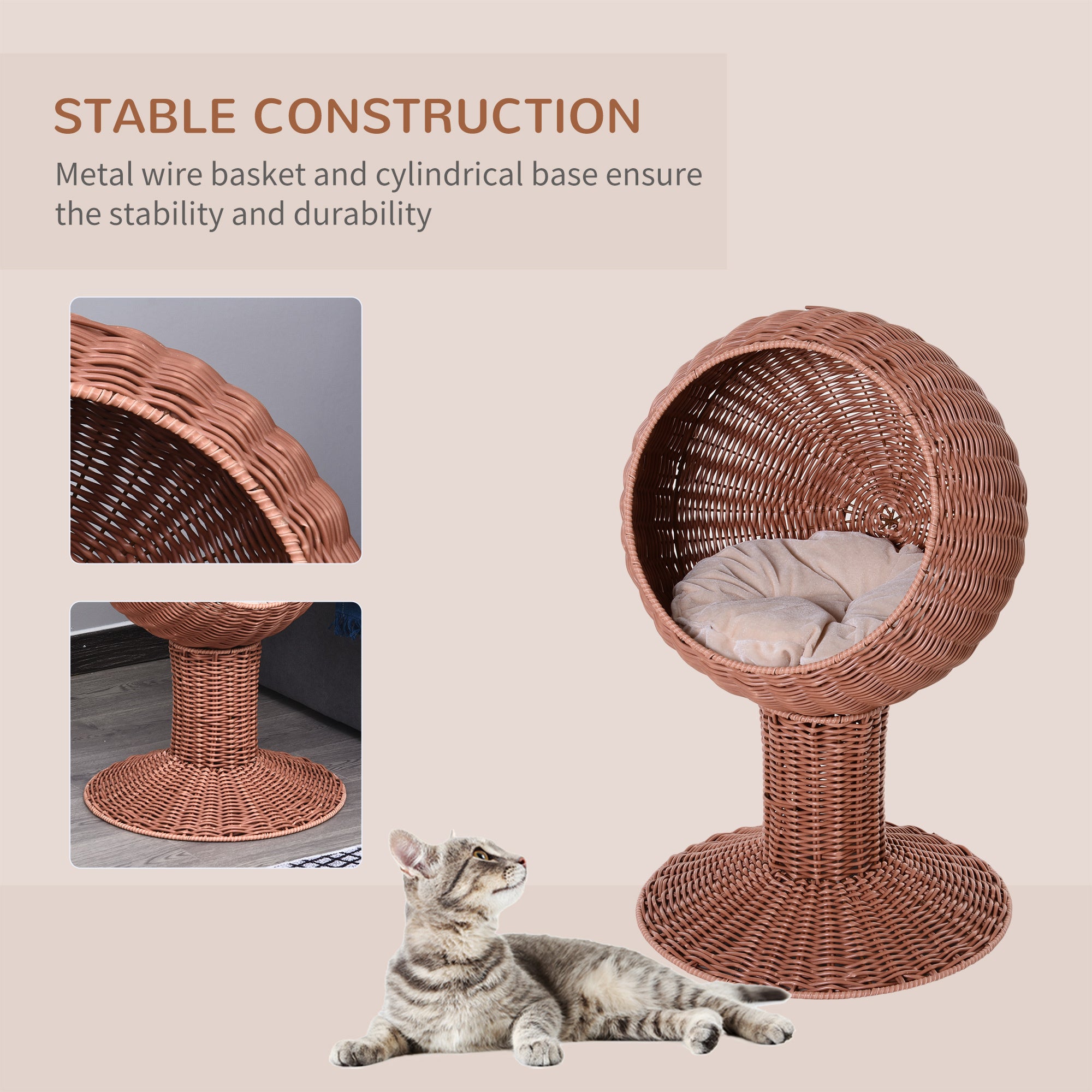 Cat Basket Bed with Thick Cushion, Elevated Bed with Rotatable Egg Chair Pod - Natural Mat Grass Woven Kitty House, Brown