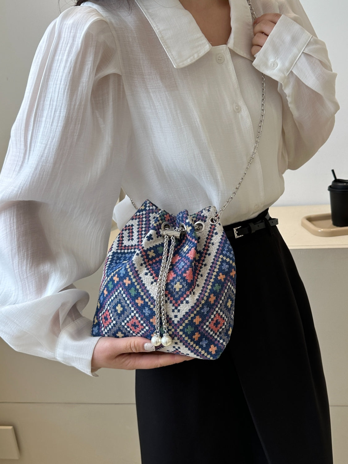 Boho Vintage Floral Bucket Bag with Silver Chain Strap, Pearl Detail, Geometric Pattern