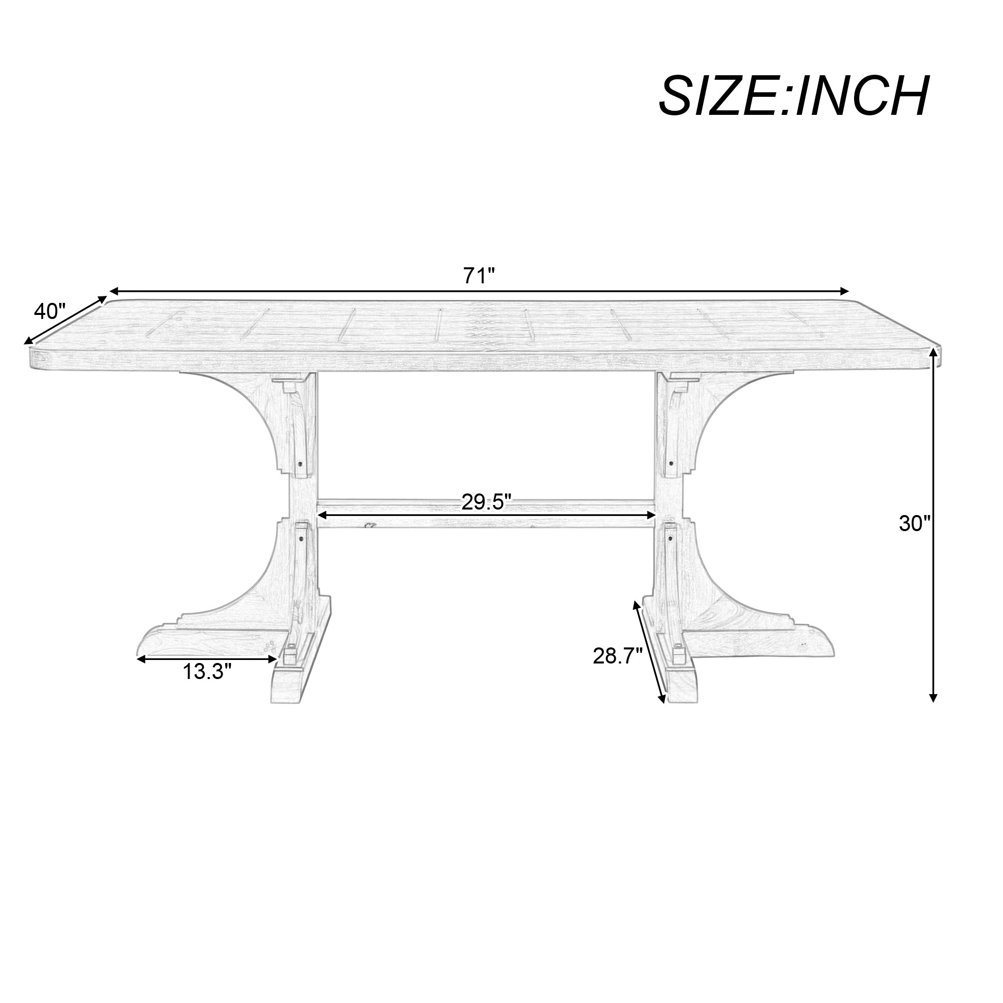 Retro Style Table 71'' Wooden Rectangular Table with Curved Design Legs - Natural Wood Wash