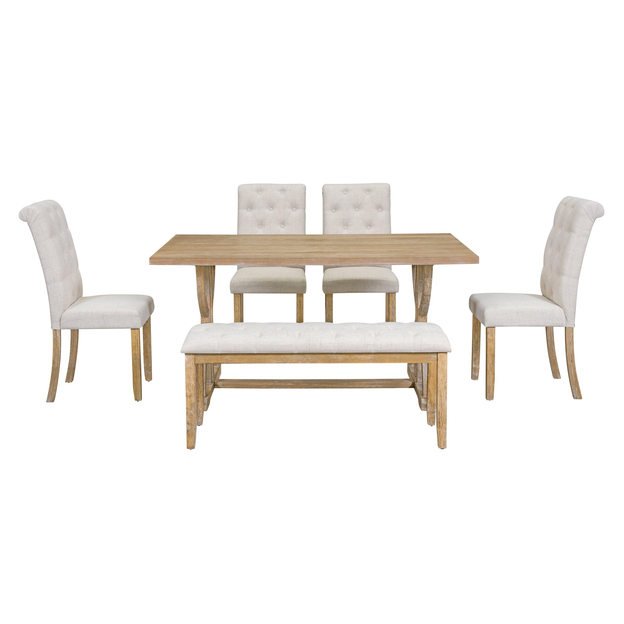 6-Piece Retro Rectangular Dining Table Set, Table with Unique Legs and 4 Upholstered Chairs & 1 Bench - Natural Wood Wash