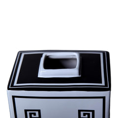 Rectangular Ceramic Decorative Jar with White and Black Geometric Design