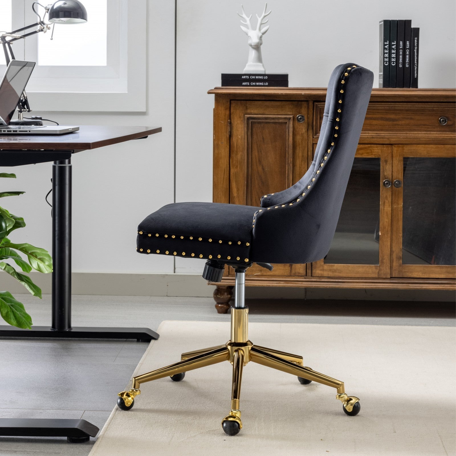 Velvet Upholstered Tufted Button Home Office Chair with Golden Metal Base, Adjustable Desk Chair Swivel Office Chair - Black