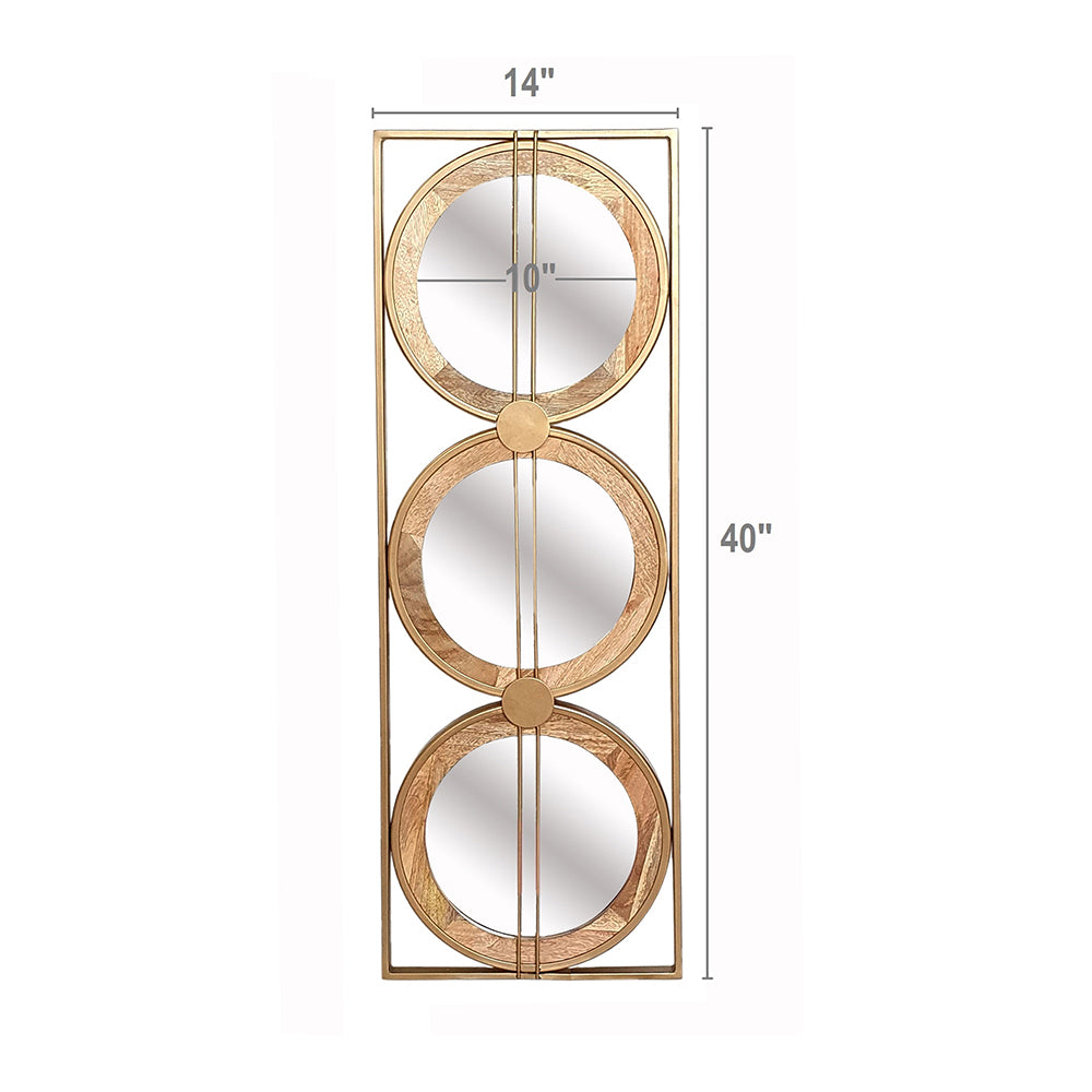 3 Mirror Piece Wall Mirror in Gold Rectangular Frame 40"x14" - Wood+Glass