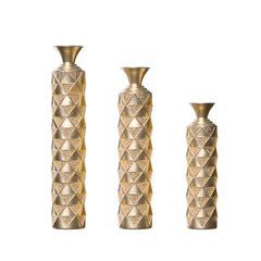 Set of 3 vases 33.5"H, 29.5"H, 25.2"H, High Distress Metal Vase with 3D Triangle Pattern - Gold