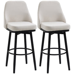 Set of 2 Bar Height Bar Stools, 360° Swivel, 29.5 Inch Seat Height with Steel Legs and Footrest - Cream White