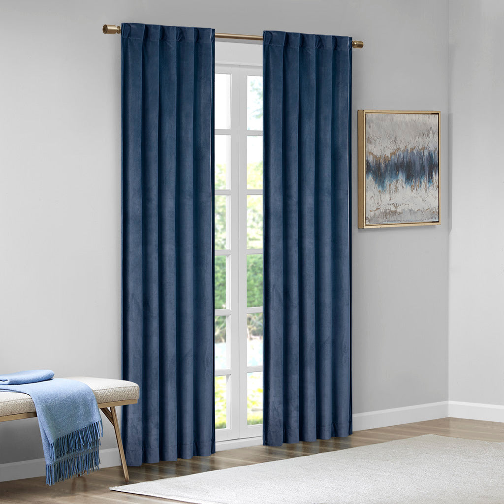 Room Darkening Poly Velvet Rod Pocket/Back Tab Curtain Panel Pair - Navy