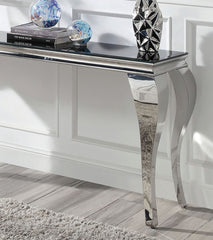 Glam Contemporary Console Table Black Glass Top Silver Color for Living Room Stainless Steel Cabriole-Style Legs