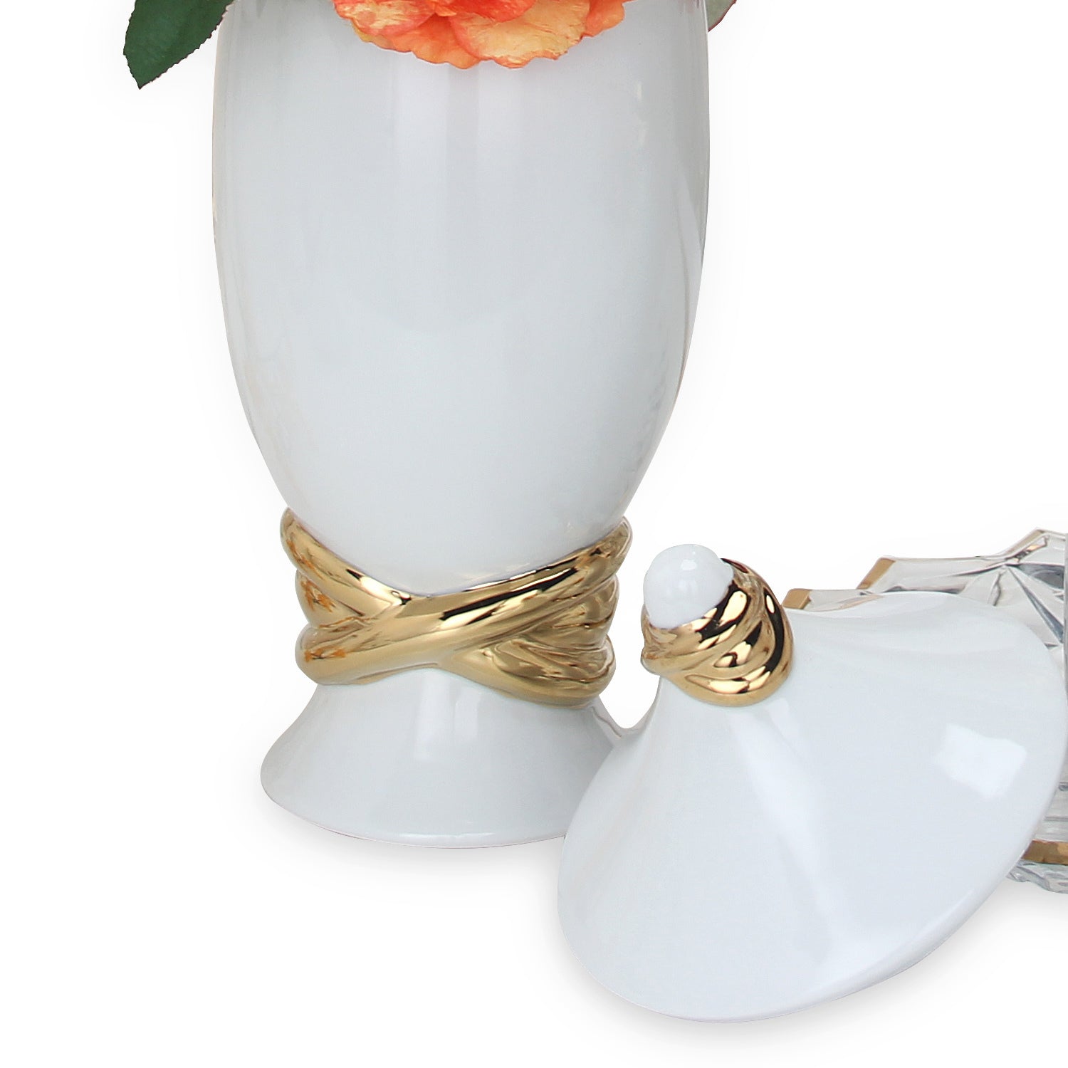 White Ceramic Decorative Jar with Gold Accent and Lid