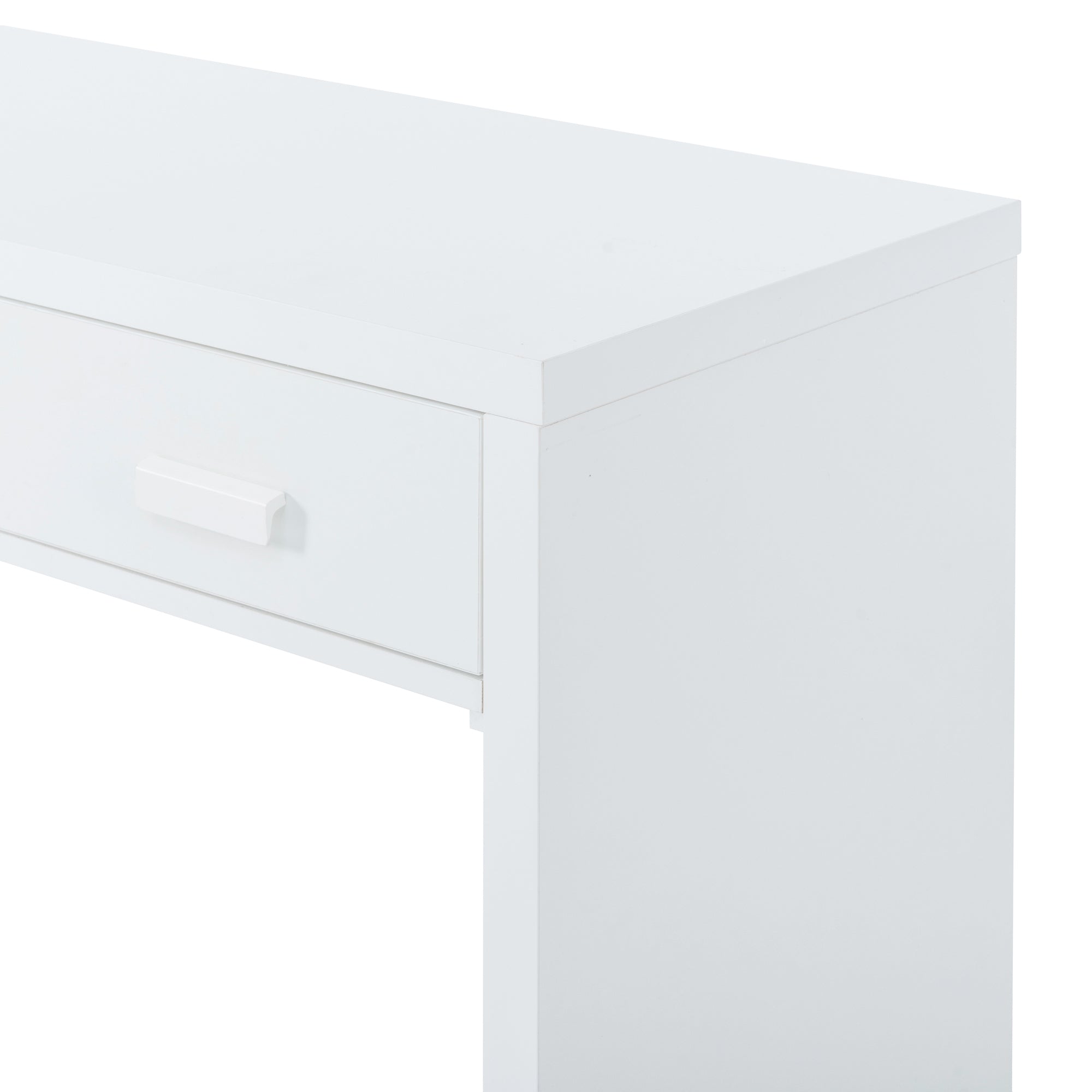 Modern Minimalist Console Table with Open Tabletop and Four Drawers with Metal Handles - White