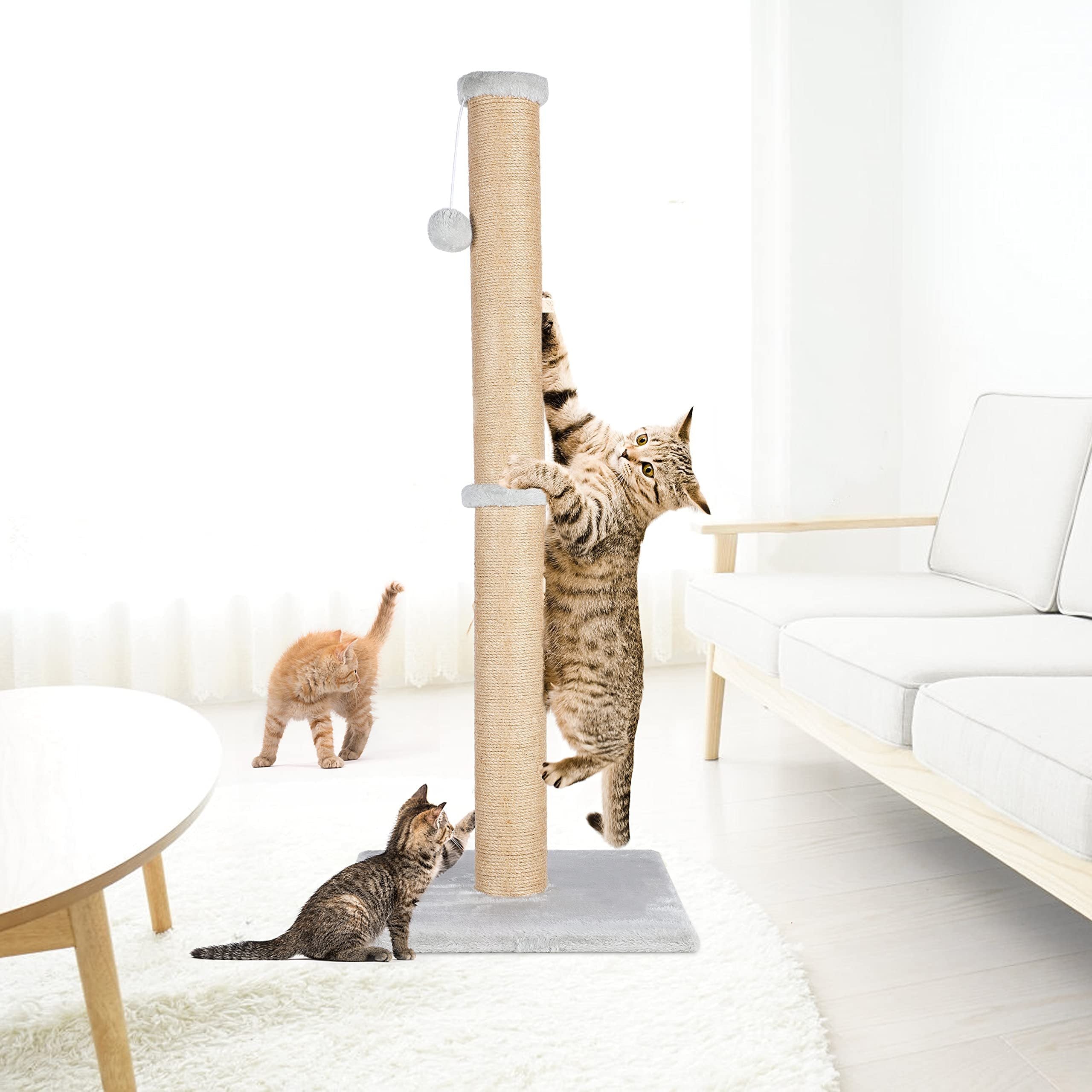 37'' Cat Scratching Post, Natural Sisal Rope Scratcher with Dangling Teaser Ball and Covered with Soft Plush for Kittens and Adult Cats, Sand Color