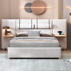 Queen Size Upholstered Platform Bed, Two Outlets and USB Charging Ports on Both Sides, Two Bedside Pillows, Storage Shelves,Velvet, Beige