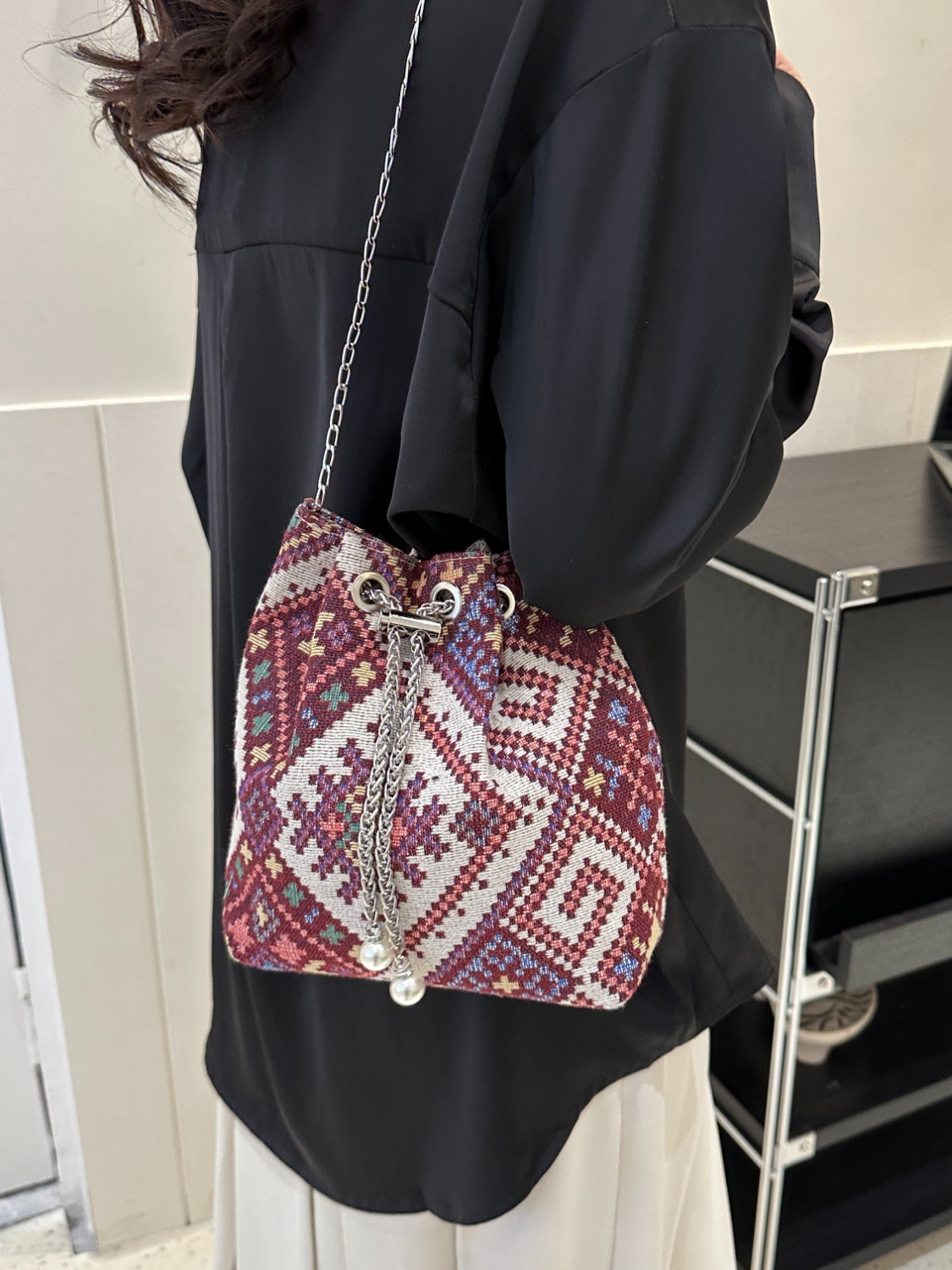 Boho Vintage Floral Bucket Bag with Silver Chain Strap, Pearl Detail, Geometric Pattern