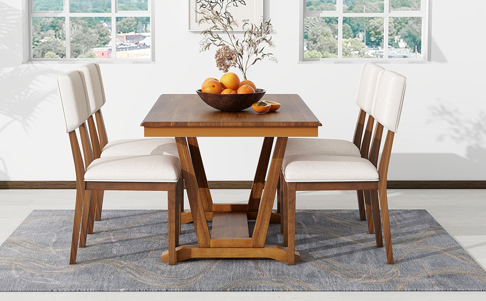 Rustic 5-piece Dining Table Set with 4 Upholstered Chairs - Walnut