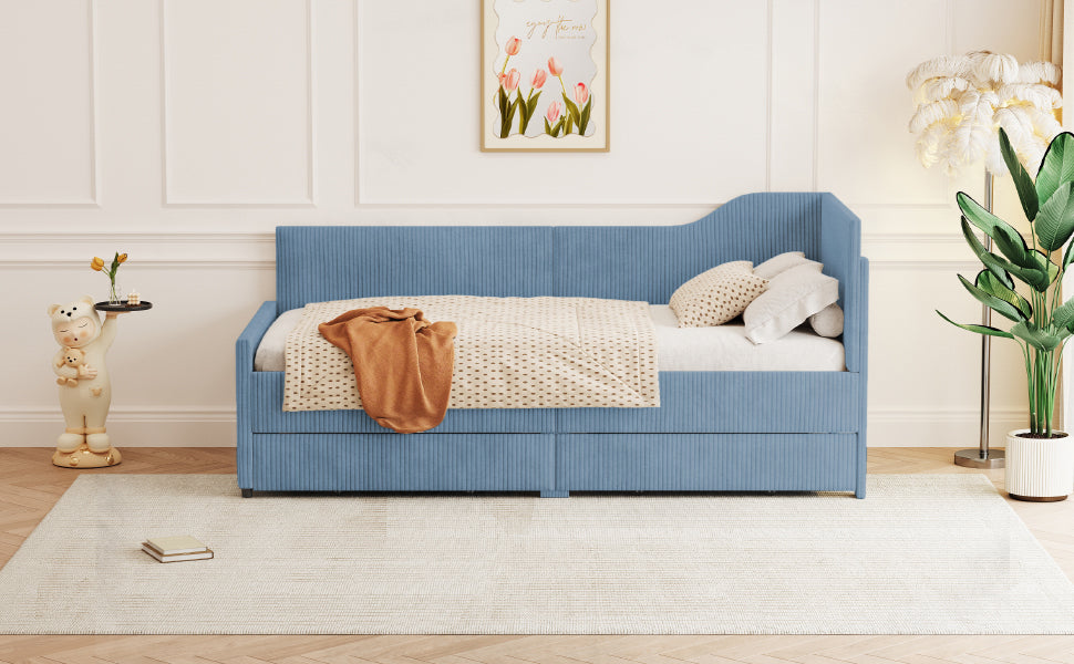 Twin Size L-Shaped Corduroy Daybed,Upholstered Bed Frame with  2 Storage Drawers,Blue