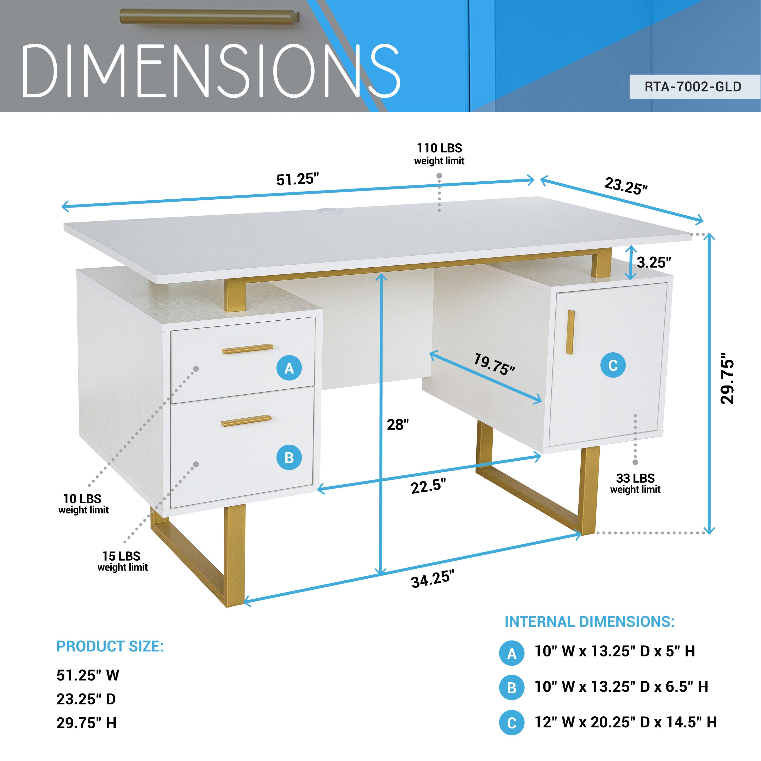 Techni White and Gold Desk for Office with Drawers & Storage, 51.25 in. W