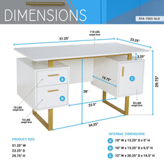 Techni White and Gold Desk for Office with Drawers & Storage, 51.25 in. W