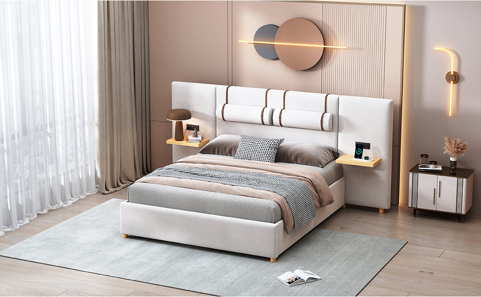 Queen Size Upholstered Platform Bed, Two Outlets and USB Charging Ports on Both Sides, Two Bedside Pillows, Storage Shelves,Velvet, Beige