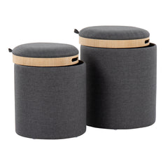 Tray Contemporary Nesting Ottoman Set in Charcoal Fabric and Natural Wood