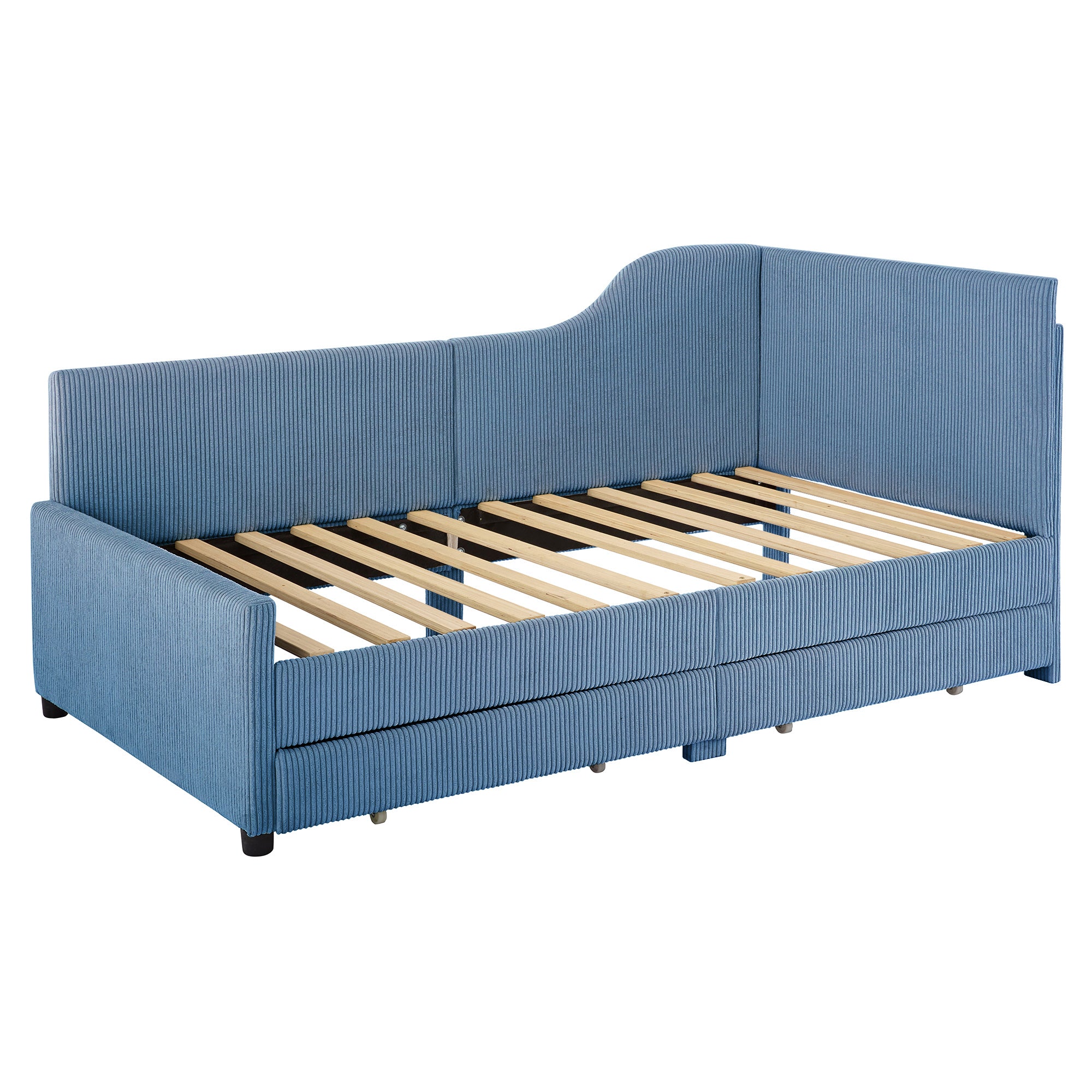 Twin Size L-Shaped Corduroy Daybed,Upholstered Bed Frame with  2 Storage Drawers,Blue