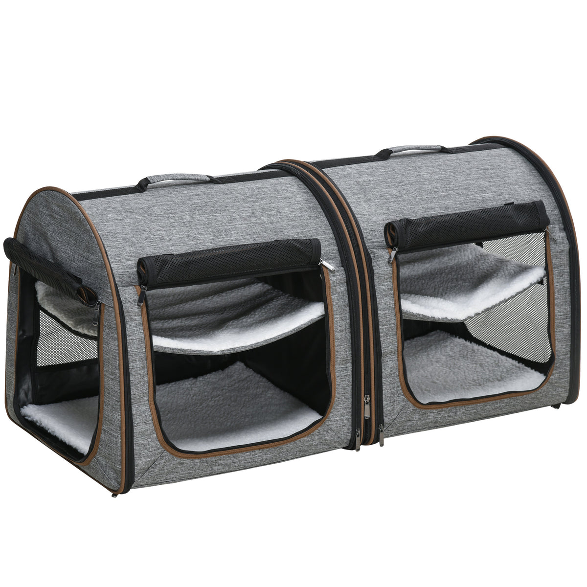 39" Portable Soft-Sided Pet Cat Carrier with Divider, Two Compartments, Soft Cushions, & Storage Bag - Grey