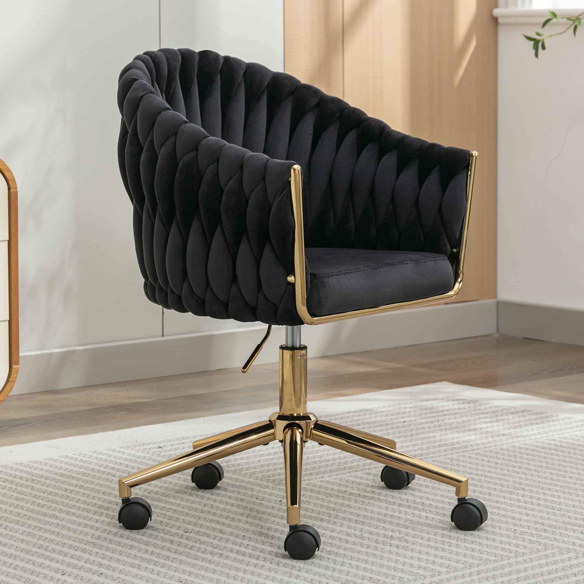 Modern Home Office Leisure Chair with Adjustable Velvet Height and Adjustable Casters - Black